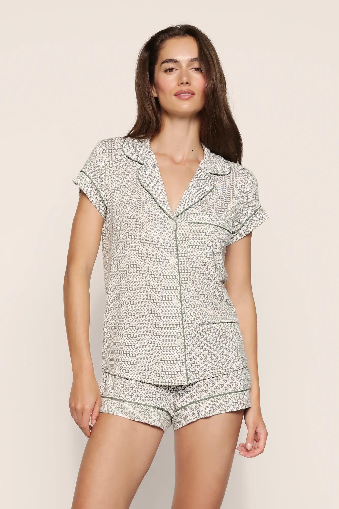 Model is wearing Gisele Printed TENCEL™ Modal Shortie Short PJ Set  in  Geo Mod Desert Sage/Desert Sag