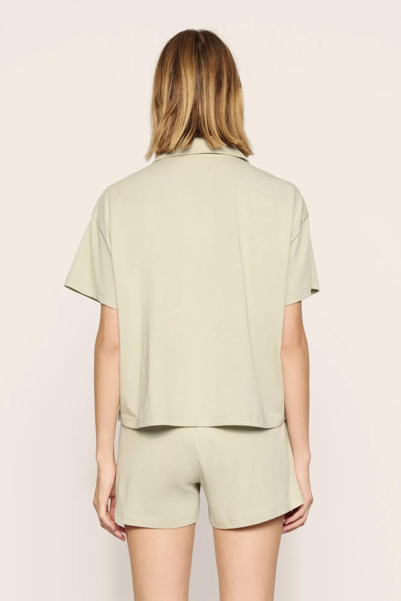 Model is wearing Pima Cotton Short PJ Set  in  Sandstone