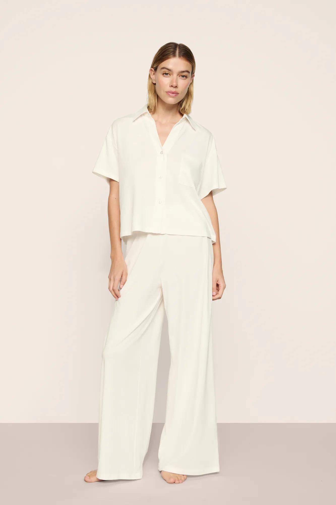 Model is wearing Pima Cotton Short Sleeve & Pant PJ Set  in  Ivory