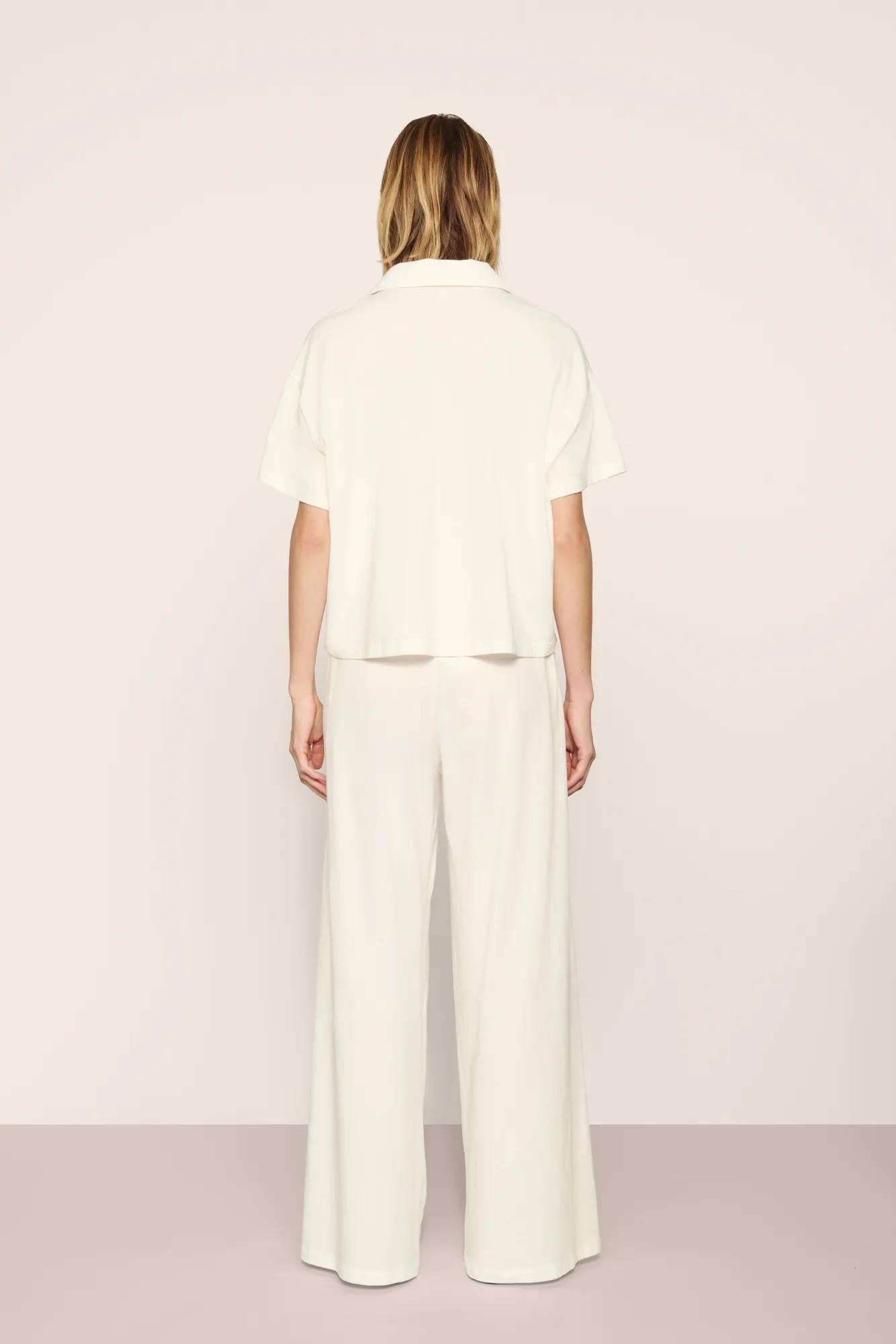 Model is wearing Pima Cotton Short Sleeve & Pant PJ Set  in  Ivory