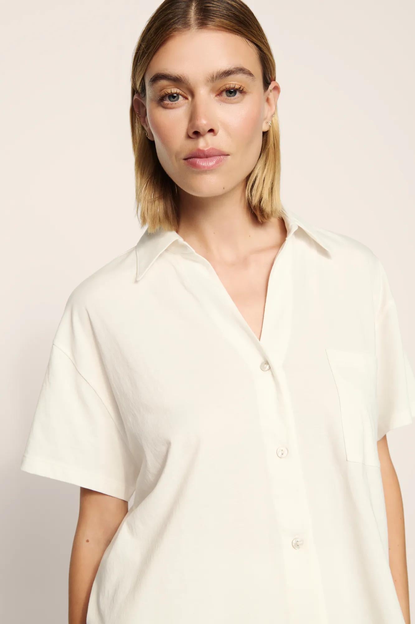 Model is wearing Pima Cotton Short Sleeve & Pant PJ Set  in  Ivory
