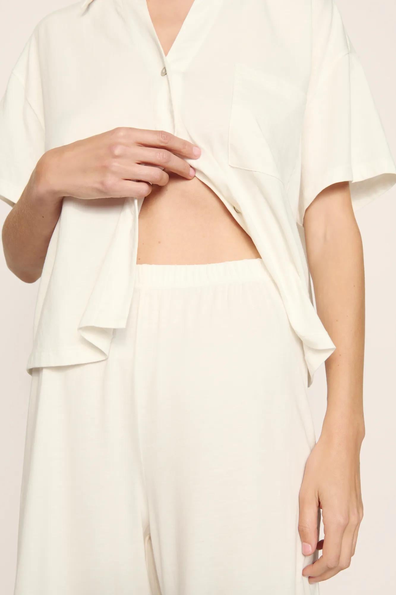 Model is wearing Pima Cotton Short Sleeve & Pant PJ Set  in  Ivory