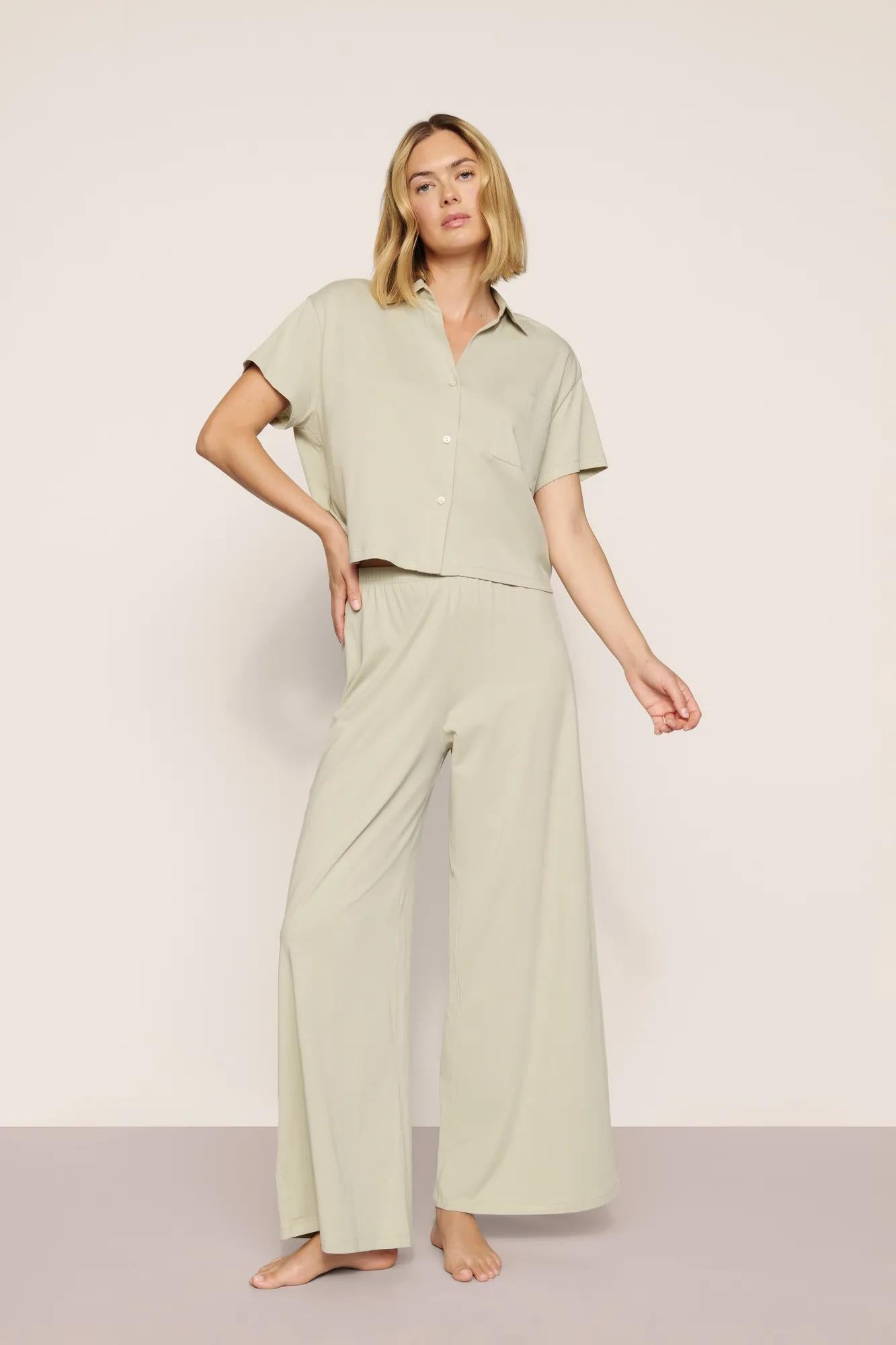 Model is wearing Pima Cotton Short Sleeve & Pant PJ Set  in  Sandstone