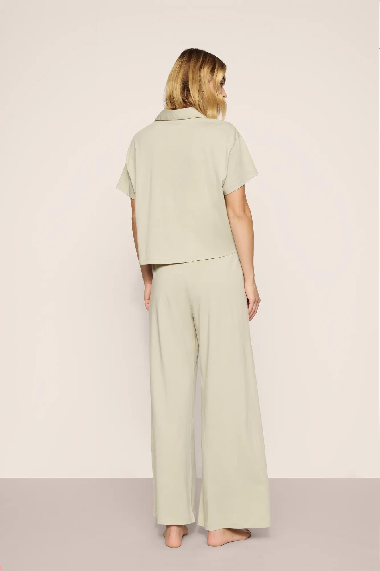Model is wearing Pima Cotton Short Sleeve & Pant PJ Set  in  Sandstone