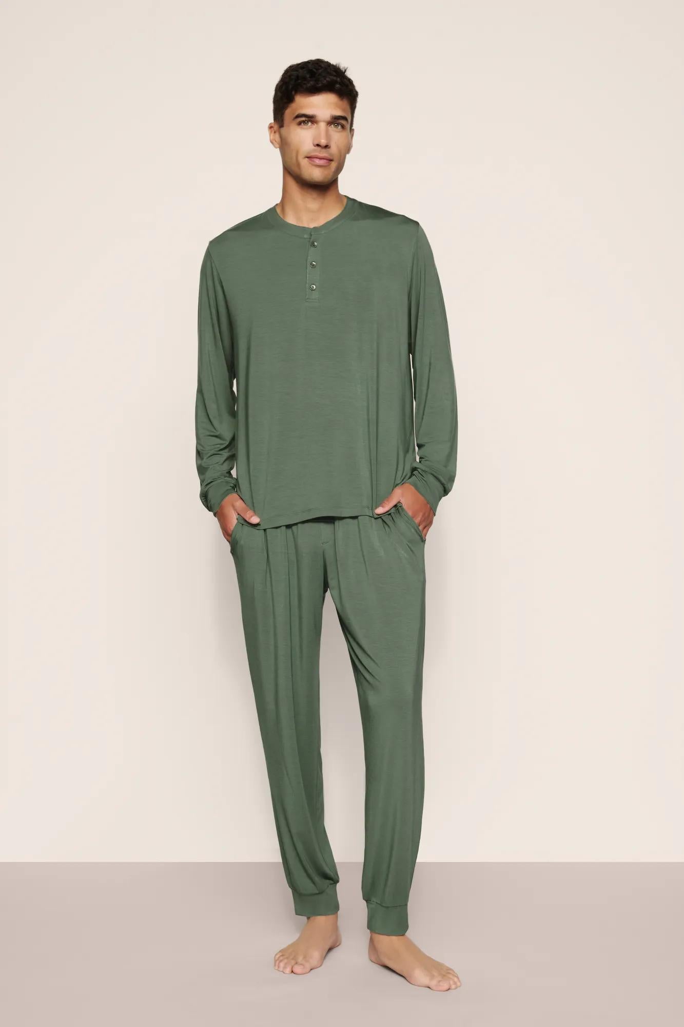 Model is wearing Henry TENCEL™ Modal Long PJ Set  in  Desert Sage