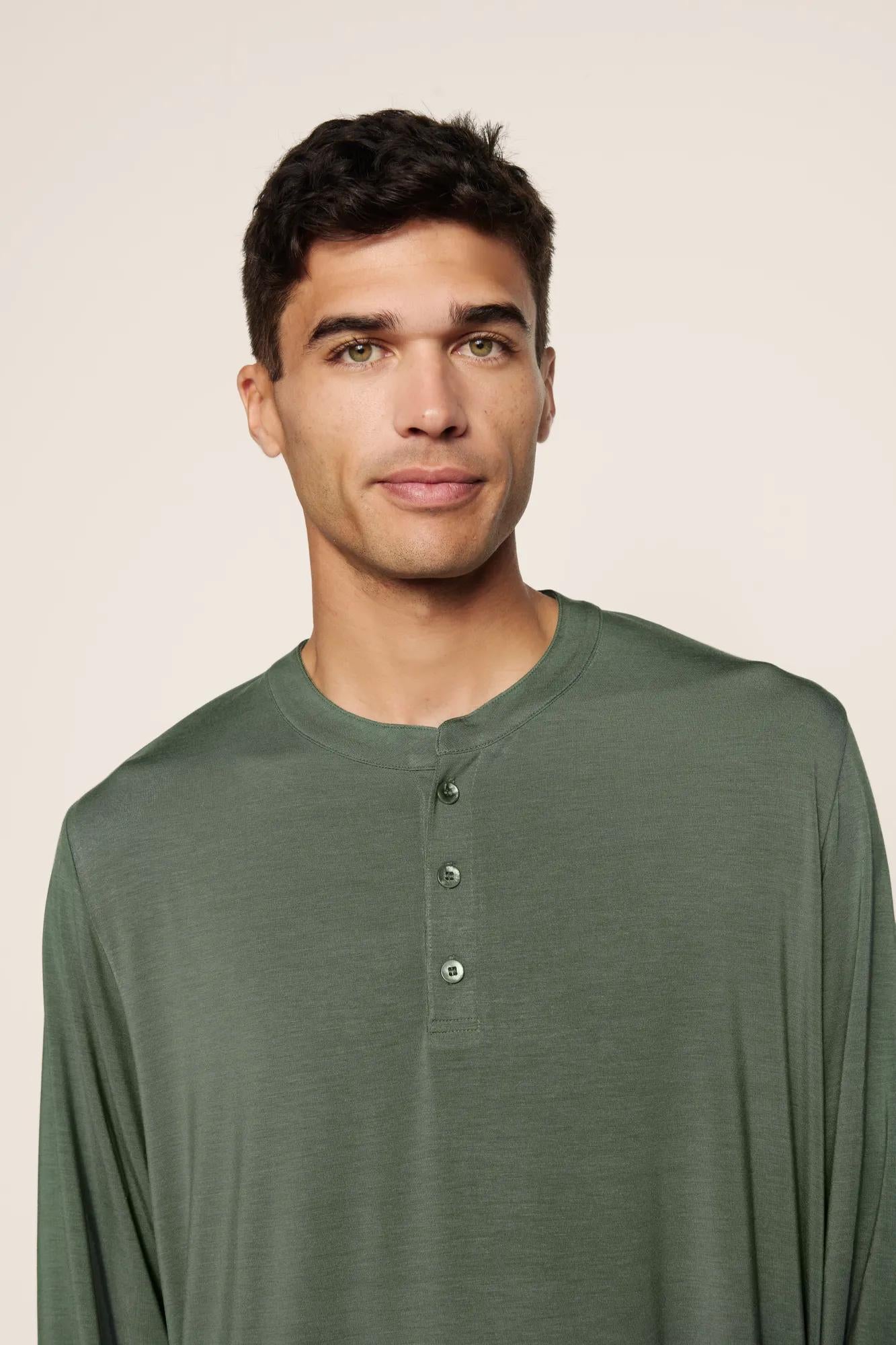 Model is wearing Henry TENCEL™ Modal Long PJ Set  in  Desert Sage