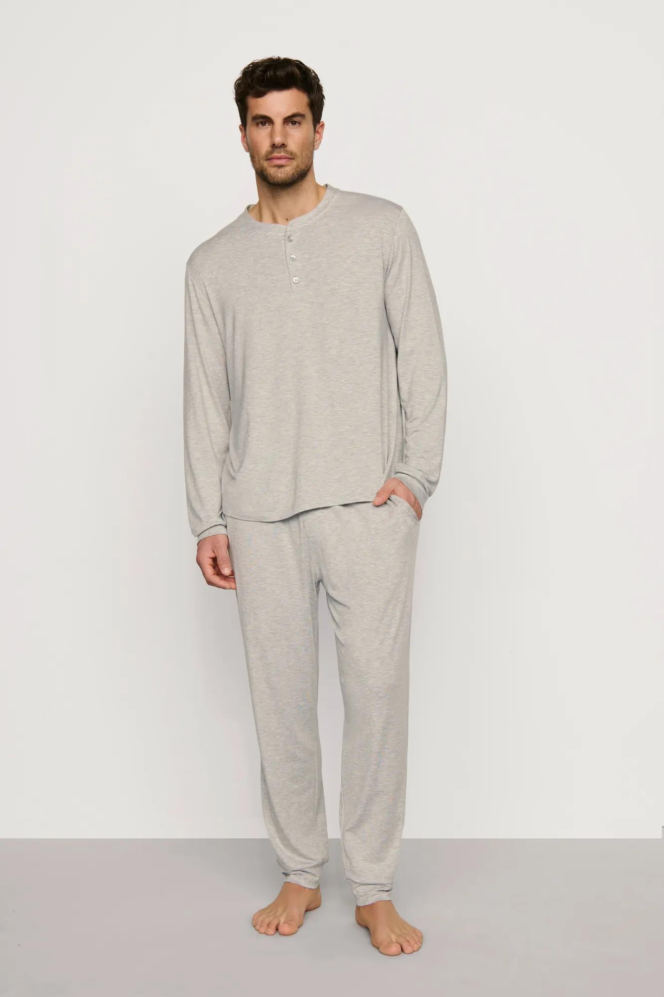 Model is wearing Henry TENCEL™ Modal Long PJ Set in Heather Grey