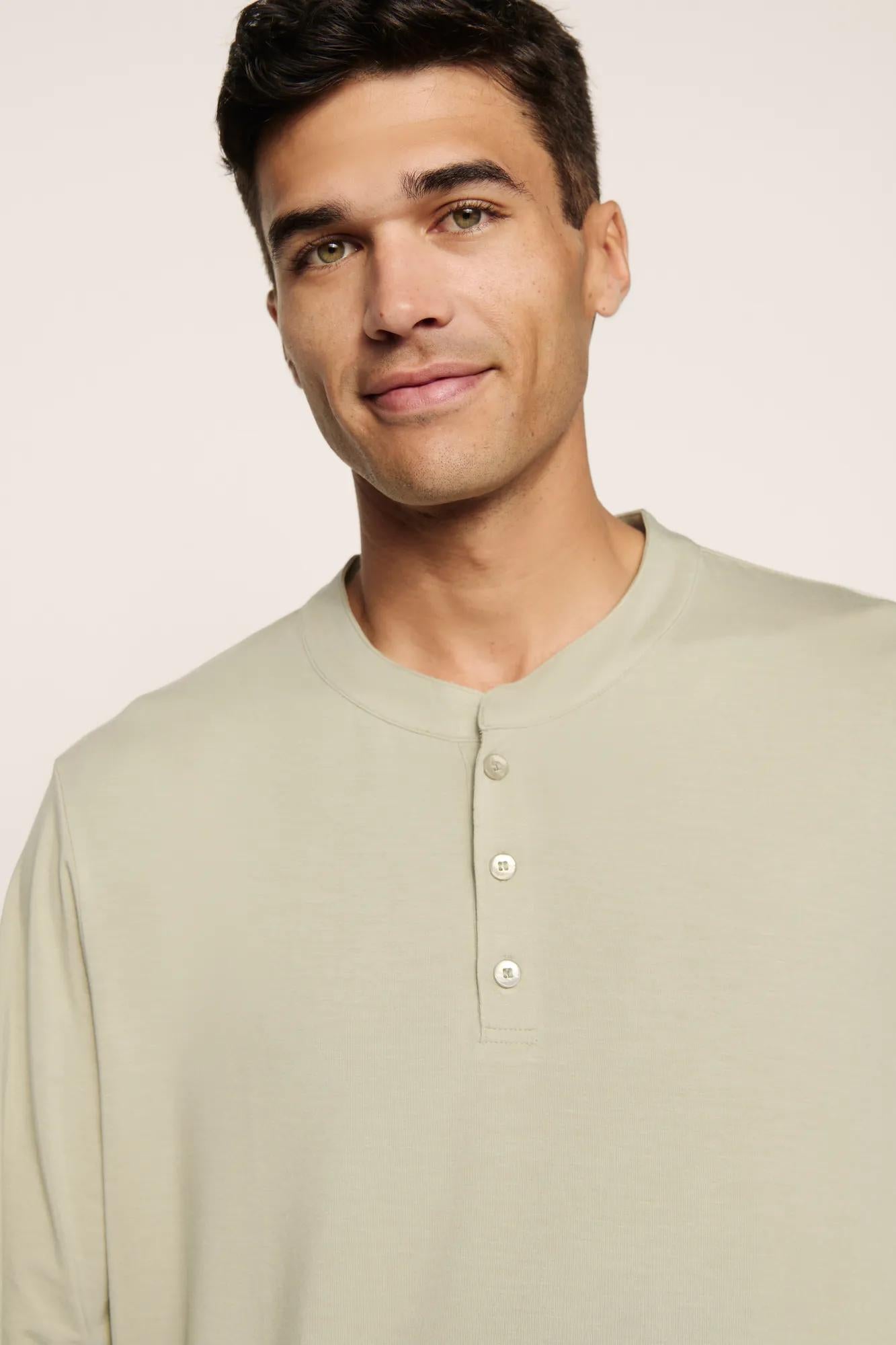 Model is wearing Henry TENCEL™ Modal Long PJ Set  in  Sandstone