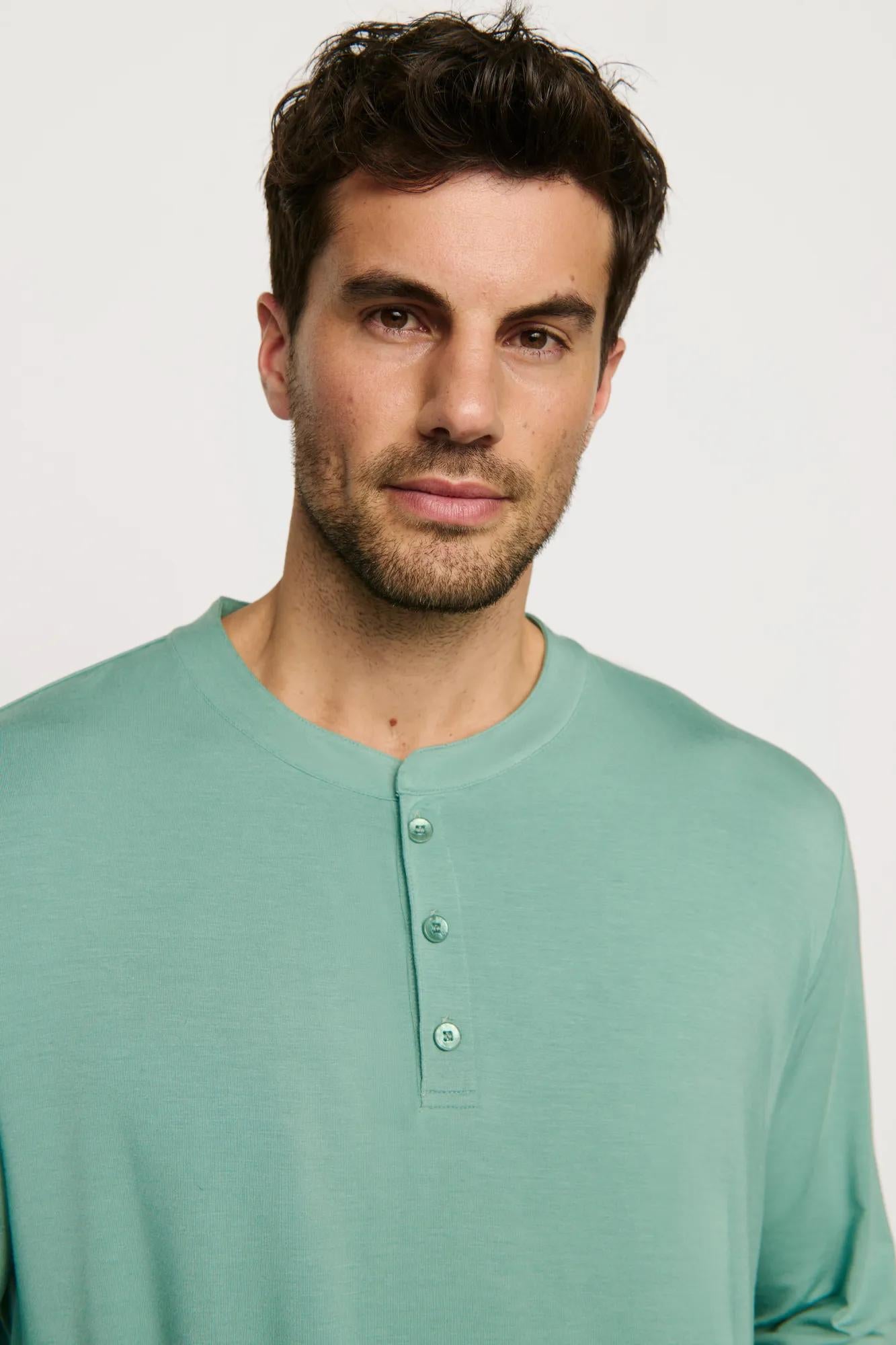 Model is wearing Henry TENCEL™ Modal Long PJ Set in Seagrass