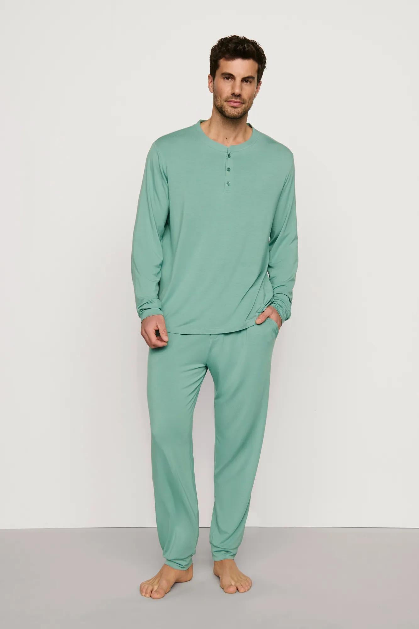 Model is wearing Henry TENCEL™ Modal Long PJ Set in Seagrass