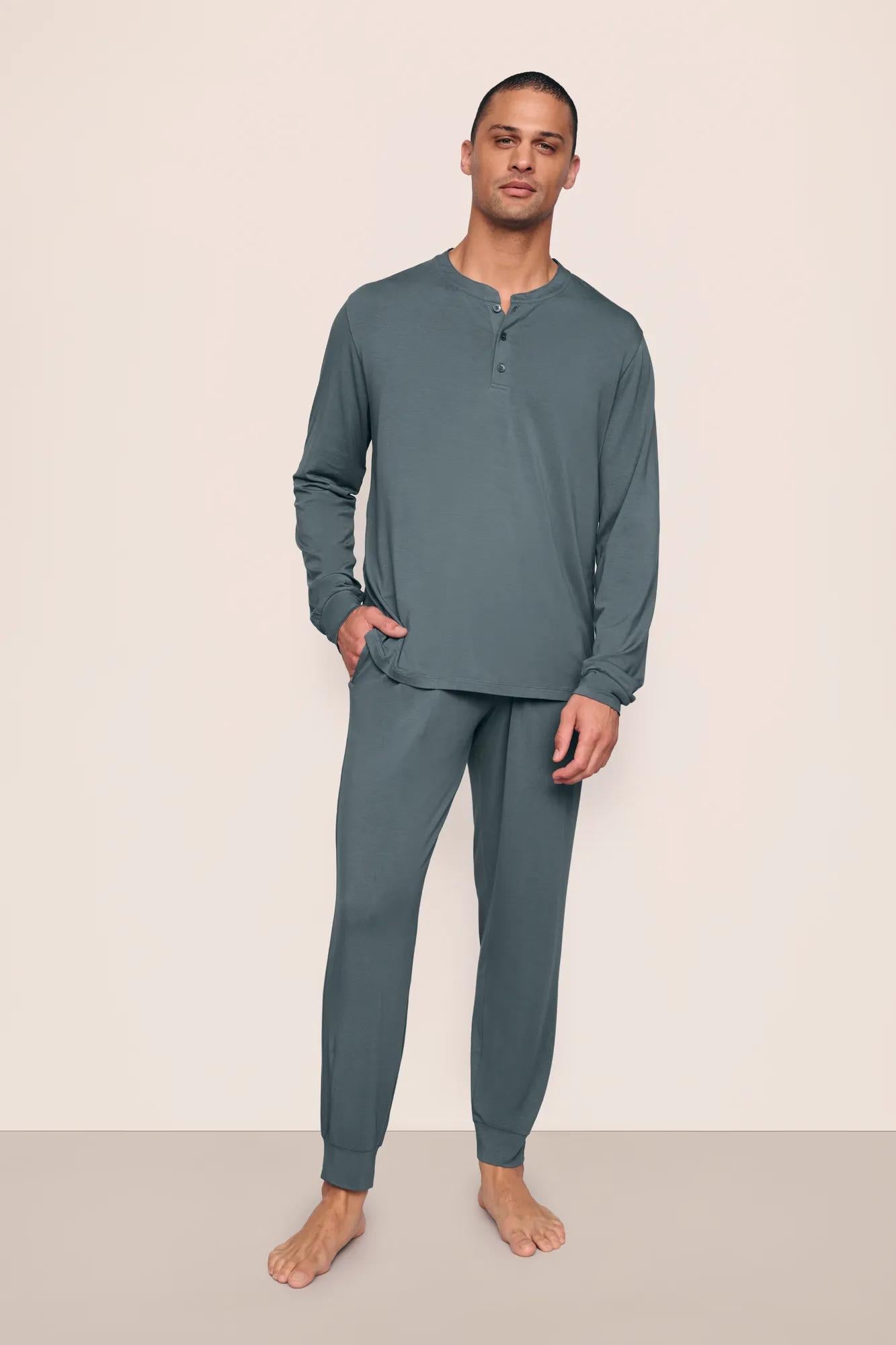 Model is wearing Henry TENCEL™ Modal Long PJ Set in Stone Blue