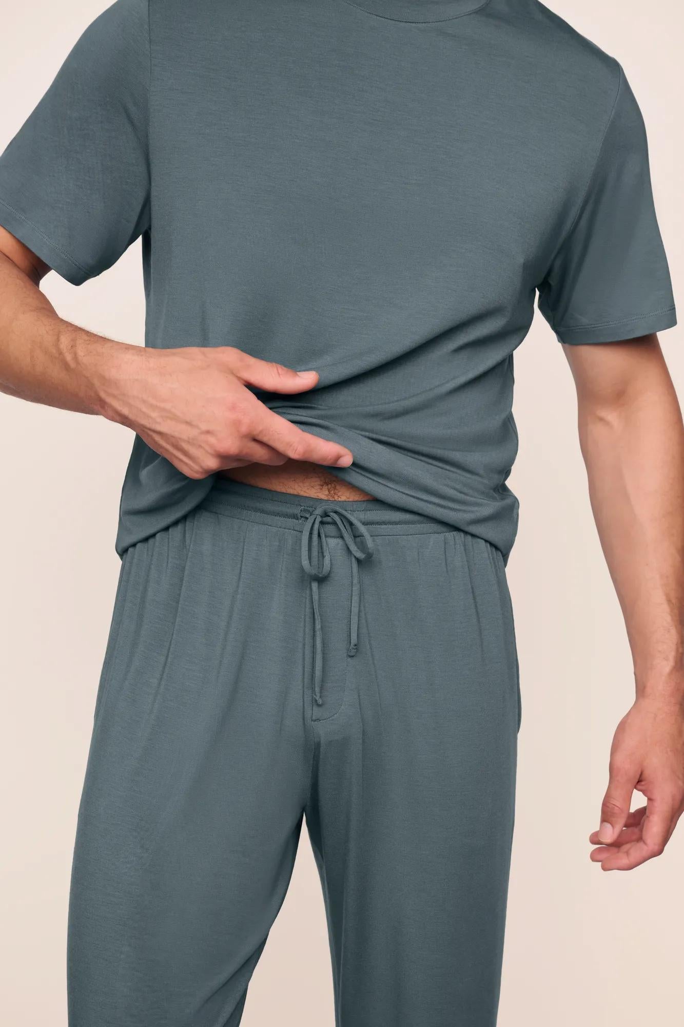 Model is wearing Henry TENCEL™ Modal Short Sleeve & Pant PJ Set in Stone Blue