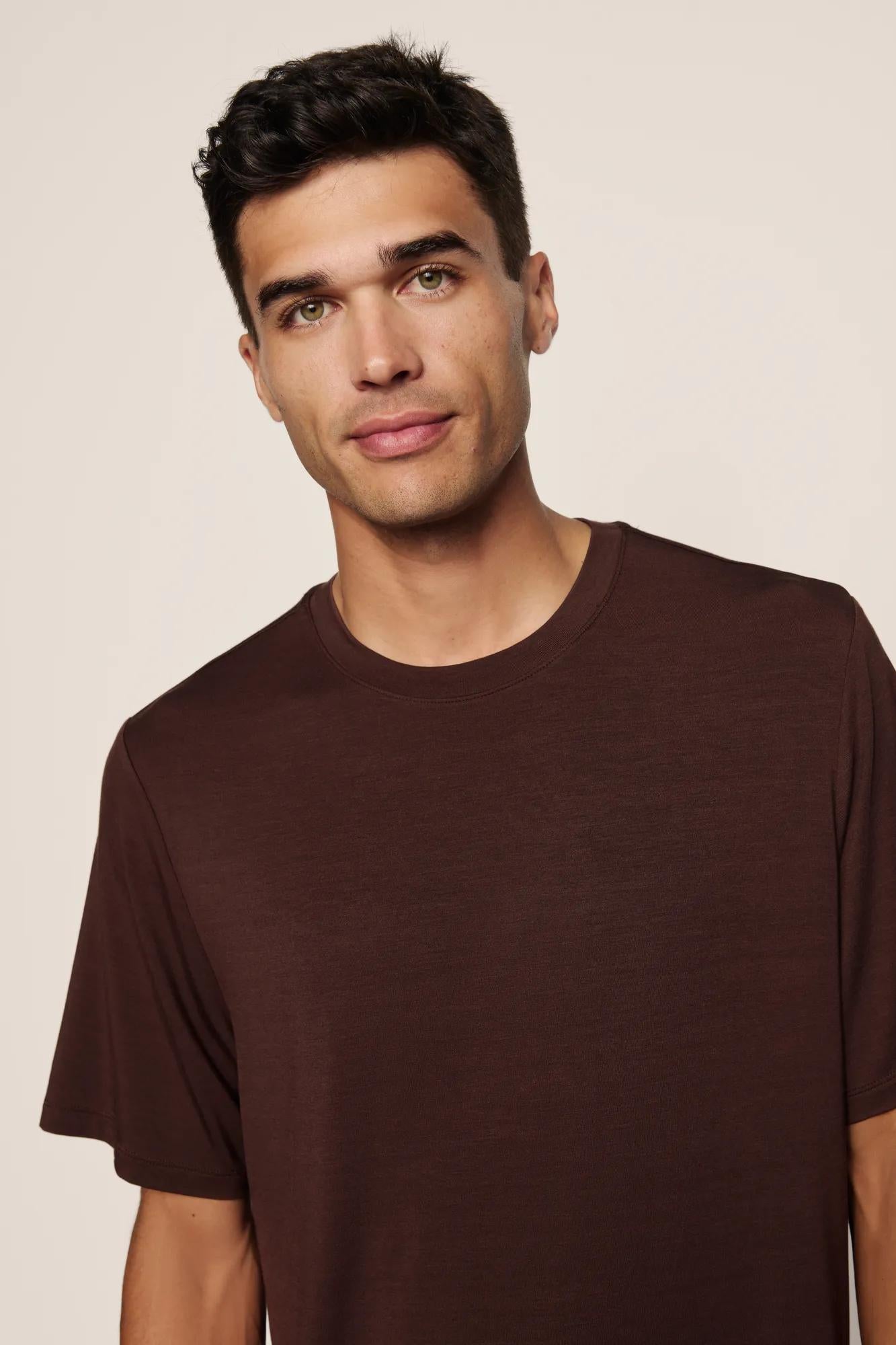 Model is wearing Henry TENCEL™ Modal Short PJ Set in Chocolate
