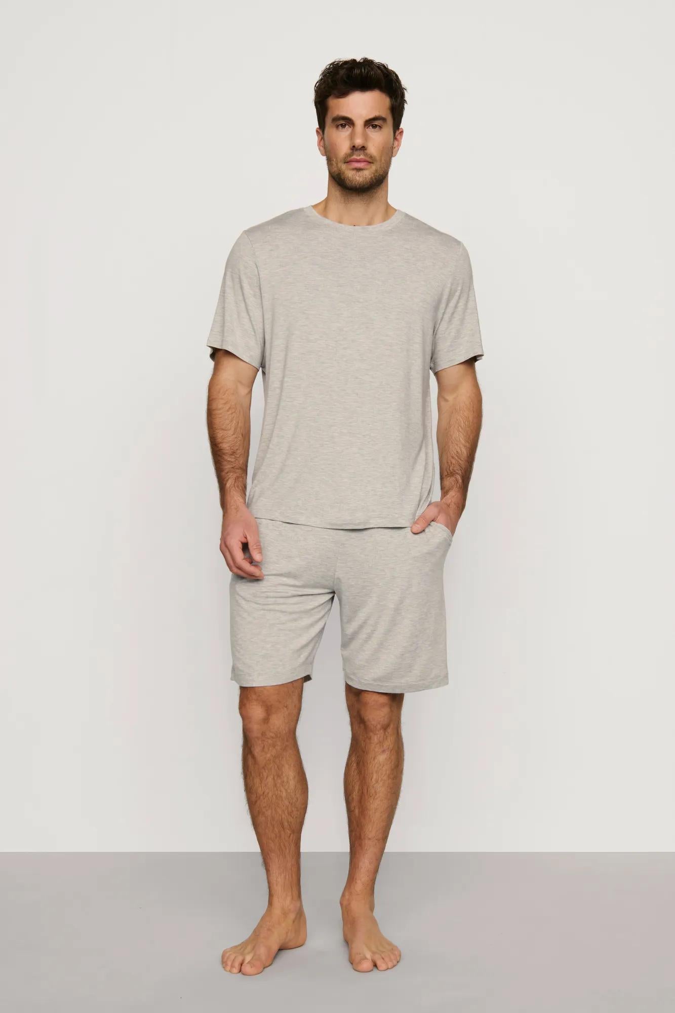 Model is wearing Henry TENCEL™ Modal Short PJ Set in Heather Grey