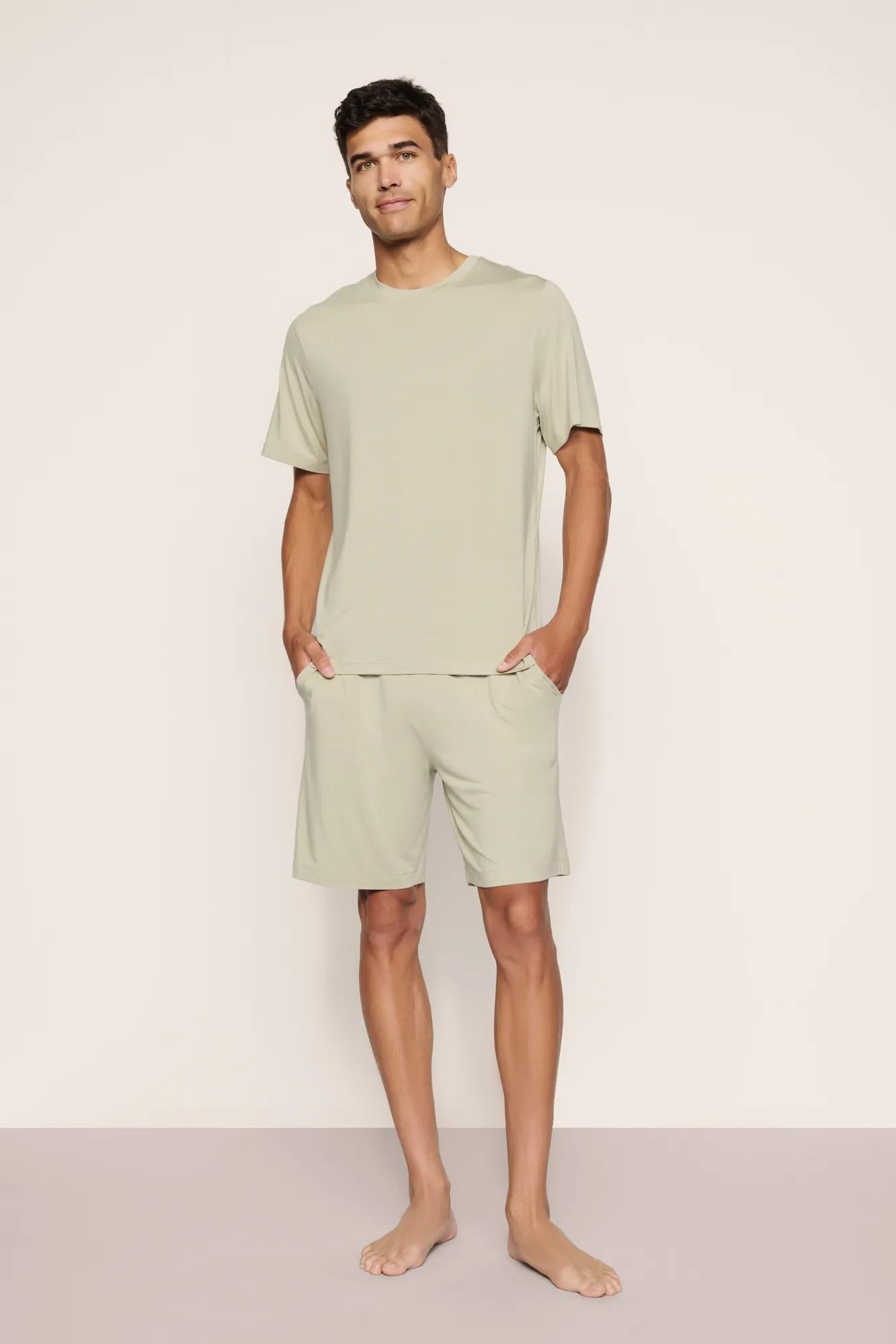 Model is wearing Henry TENCEL™ Modal Short PJ Set  in  Sandstone