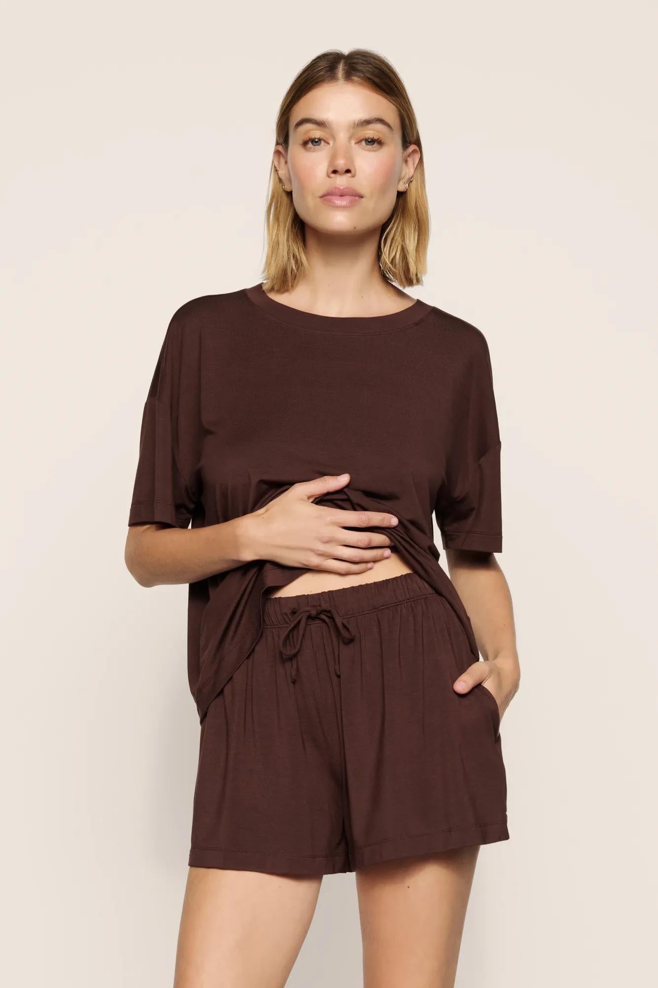 Model is wearing Gisele TENCEL™ Modal Everyday Relaxed Short in Chocolate