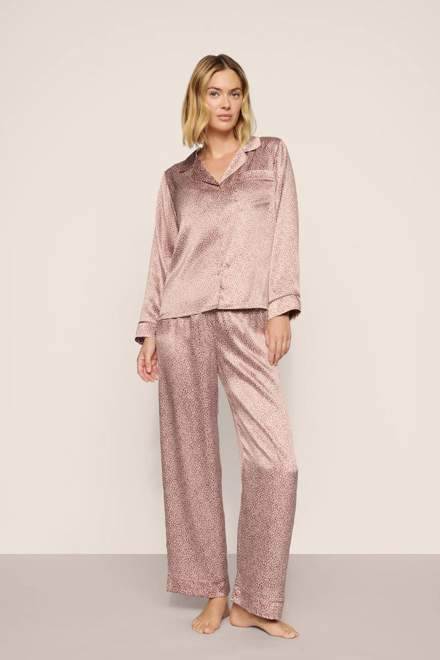 Inez Washable Silk Printed Long PJ Set in Animal Instinct Woodrose/Woodrose
