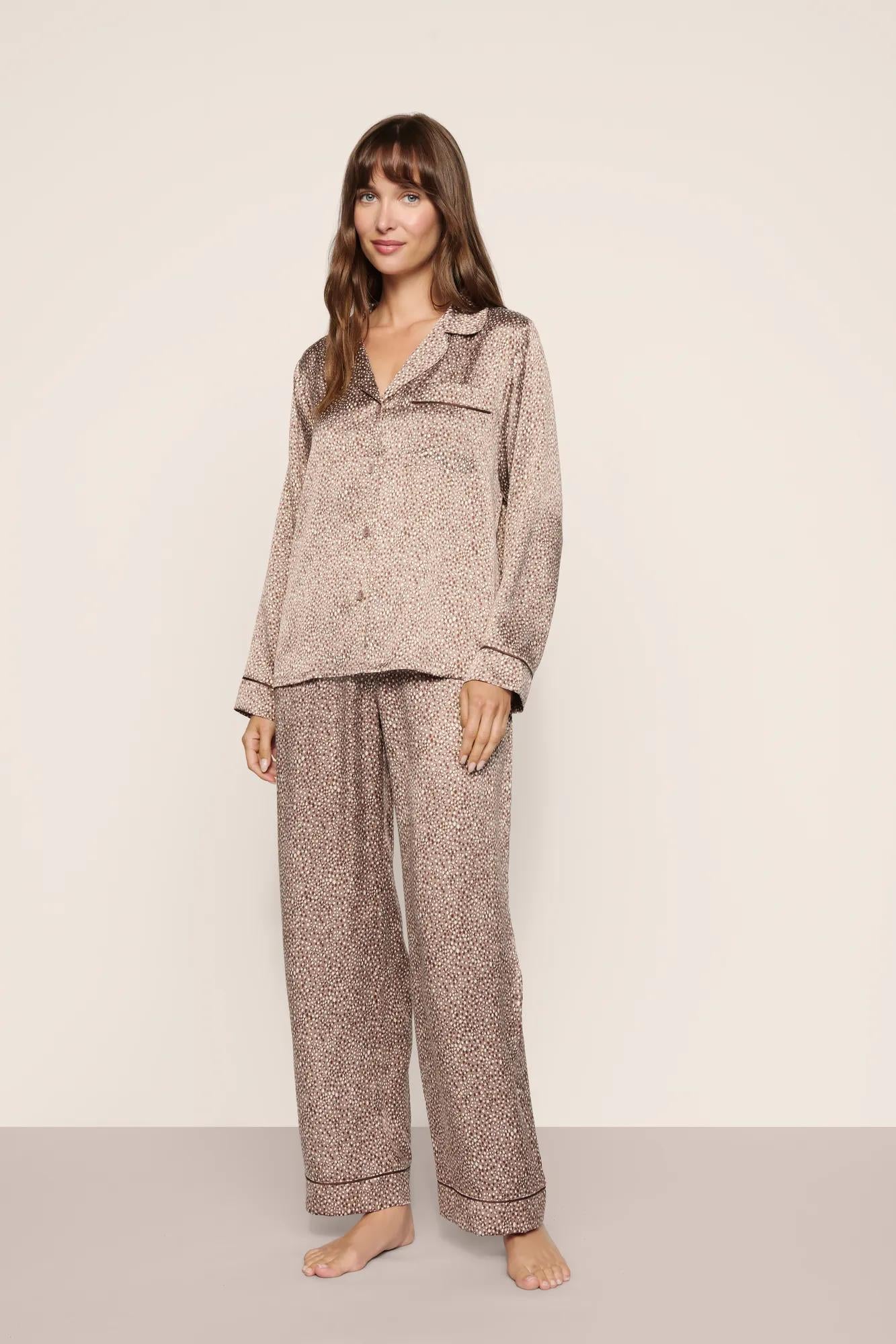 Model wearing the Inez Washable Silk Printed Long PJ Set in Animal Instinct Deep Taupe/Chocolate