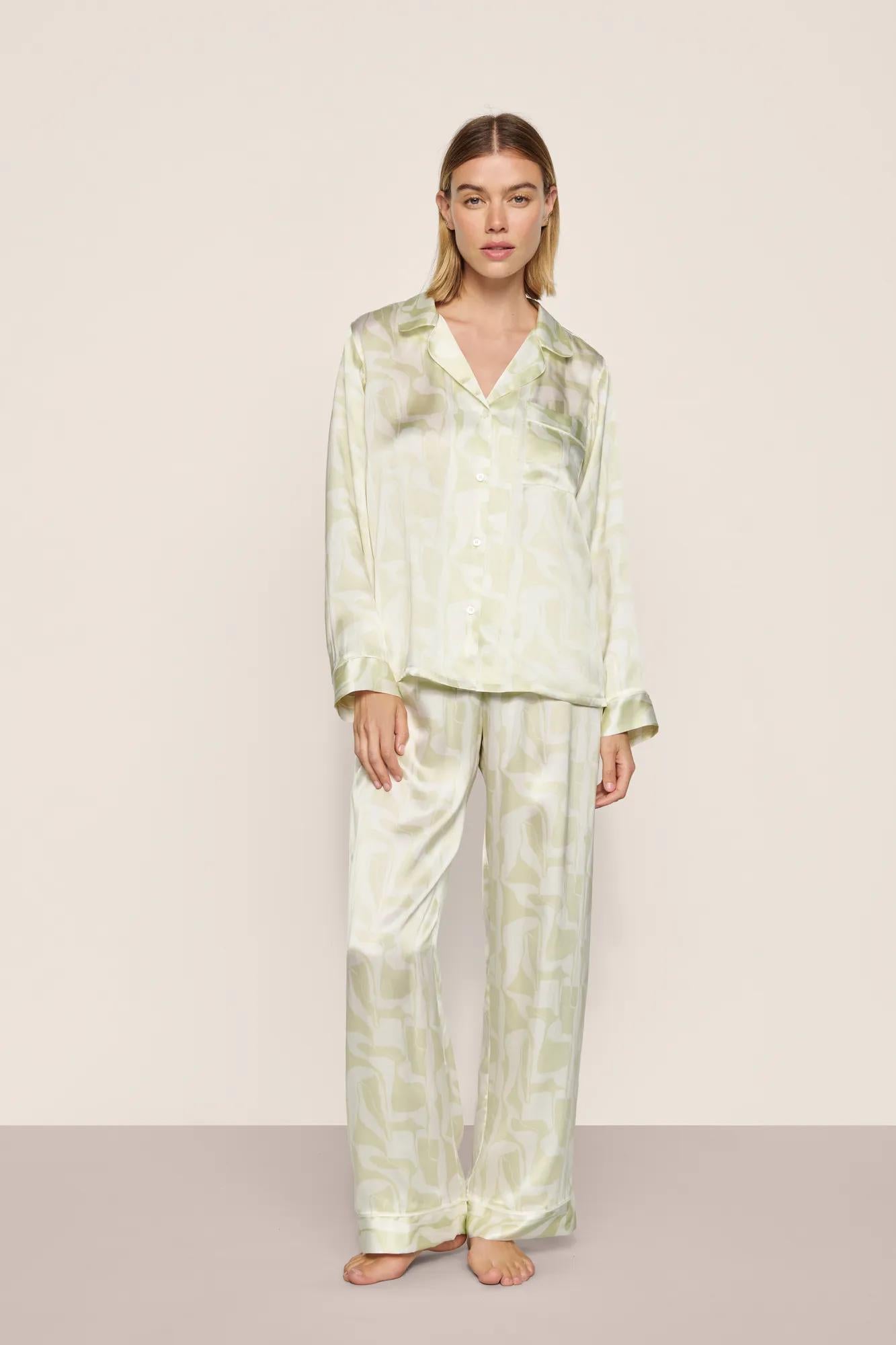 Model is wearing Inez Washable Silk Printed Long PJ Set  in  Abstract Swirl Celadon T/Ivory