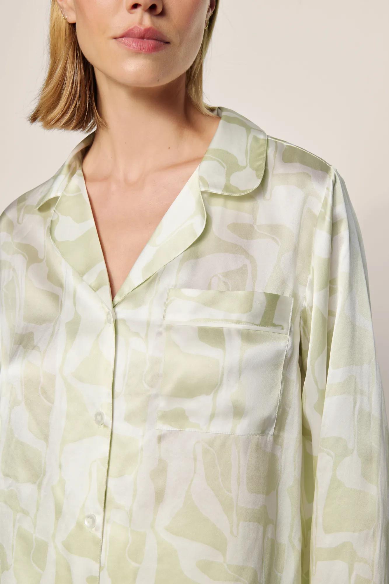 Model is wearing Inez Washable Silk Printed Long PJ Set  in  Abstract Swirl Celadon T/Ivory