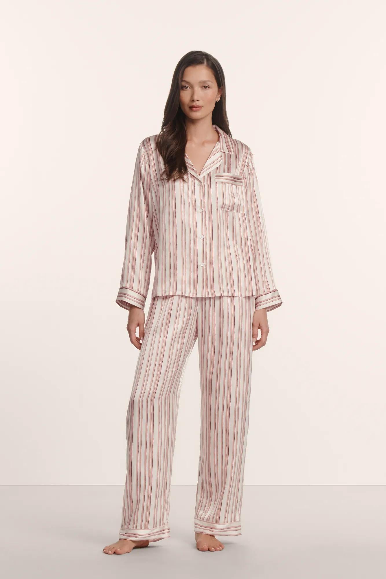Model is wearing Inez Washable Silk Printed Long PJ Set in Brushstroke Misty Rose/Misty Rose