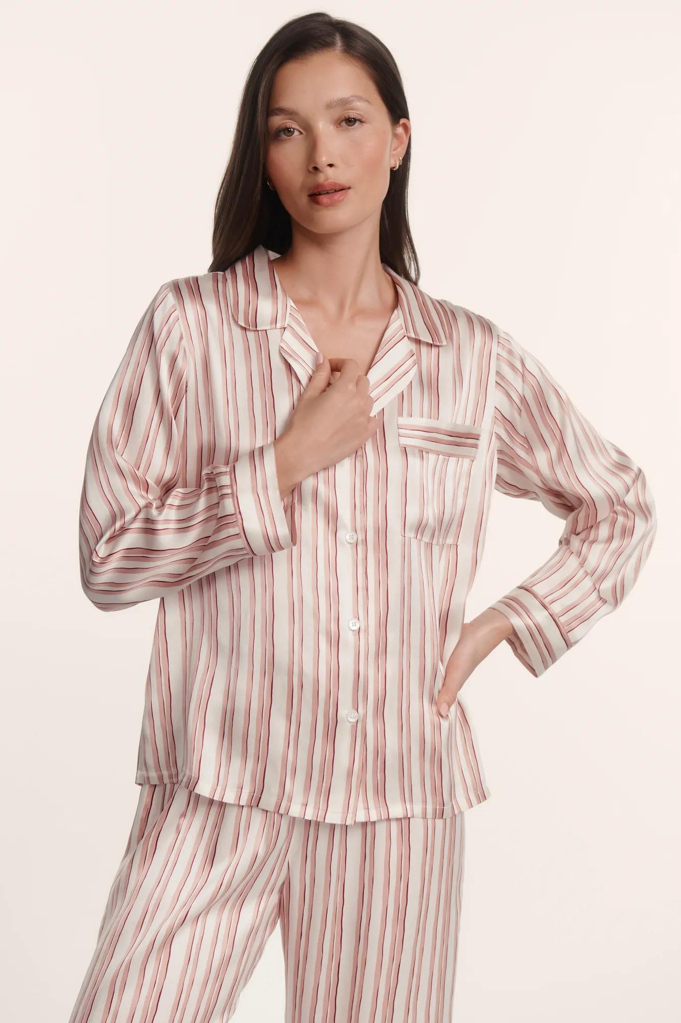 Model is wearing Inez Washable Silk Printed Long PJ Set in Brushstroke Misty Rose/Misty Rose