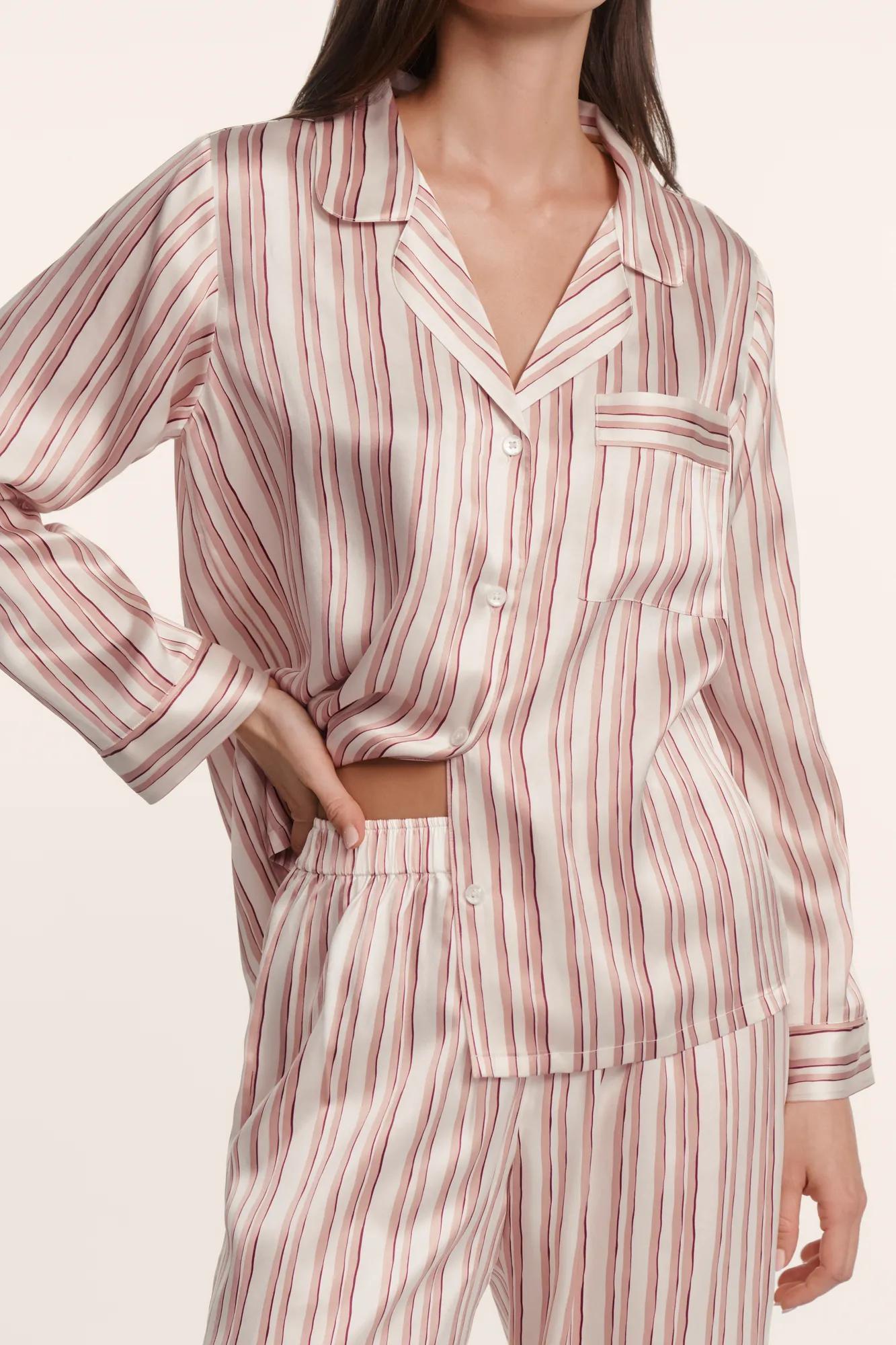 Model is wearing Inez Washable Silk Printed Long PJ Set in Brushstroke Misty Rose/Misty Rose