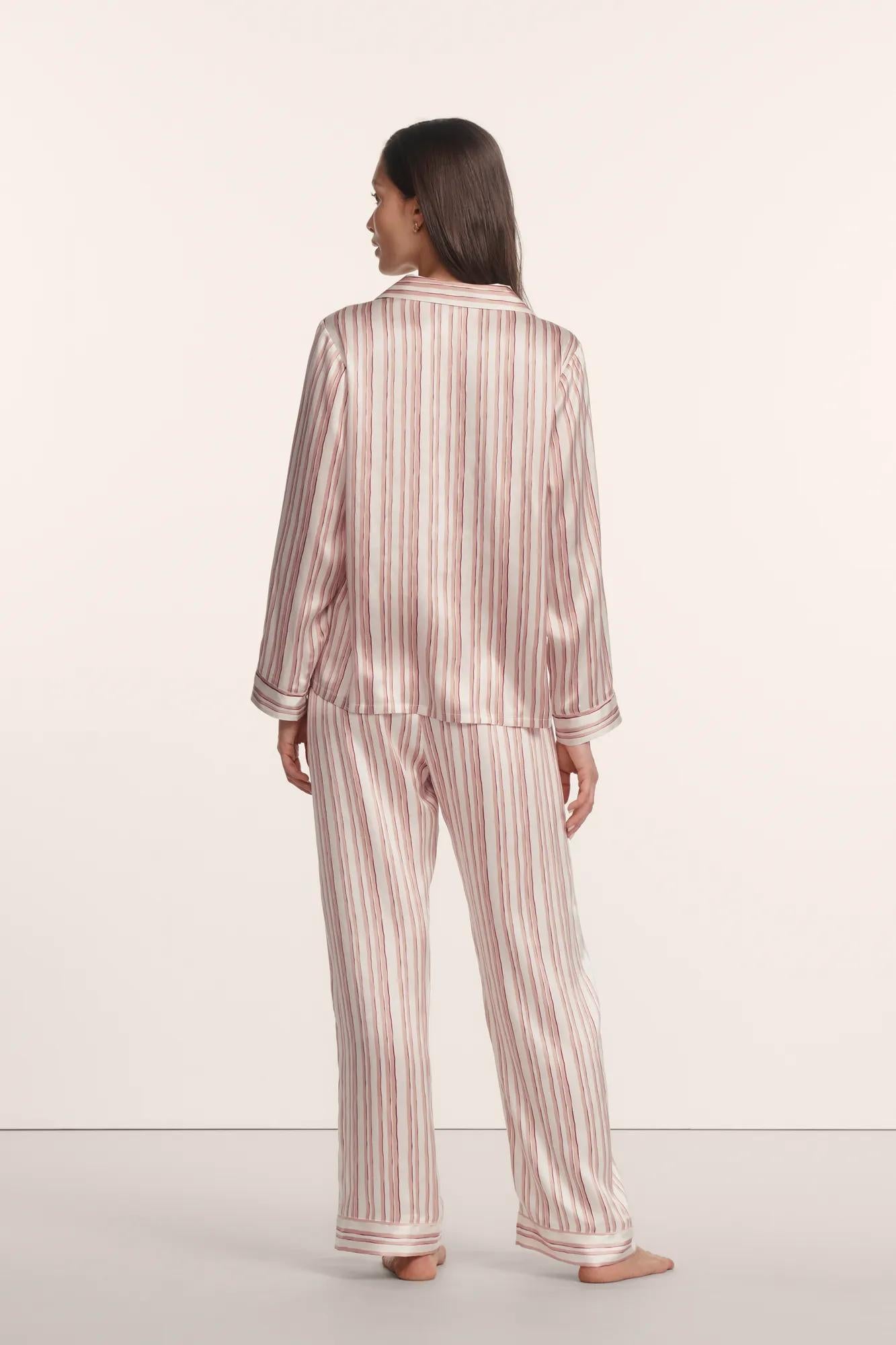Model is wearing Inez Washable Silk Printed Long PJ Set in Brushstroke Misty Rose/Misty Rose