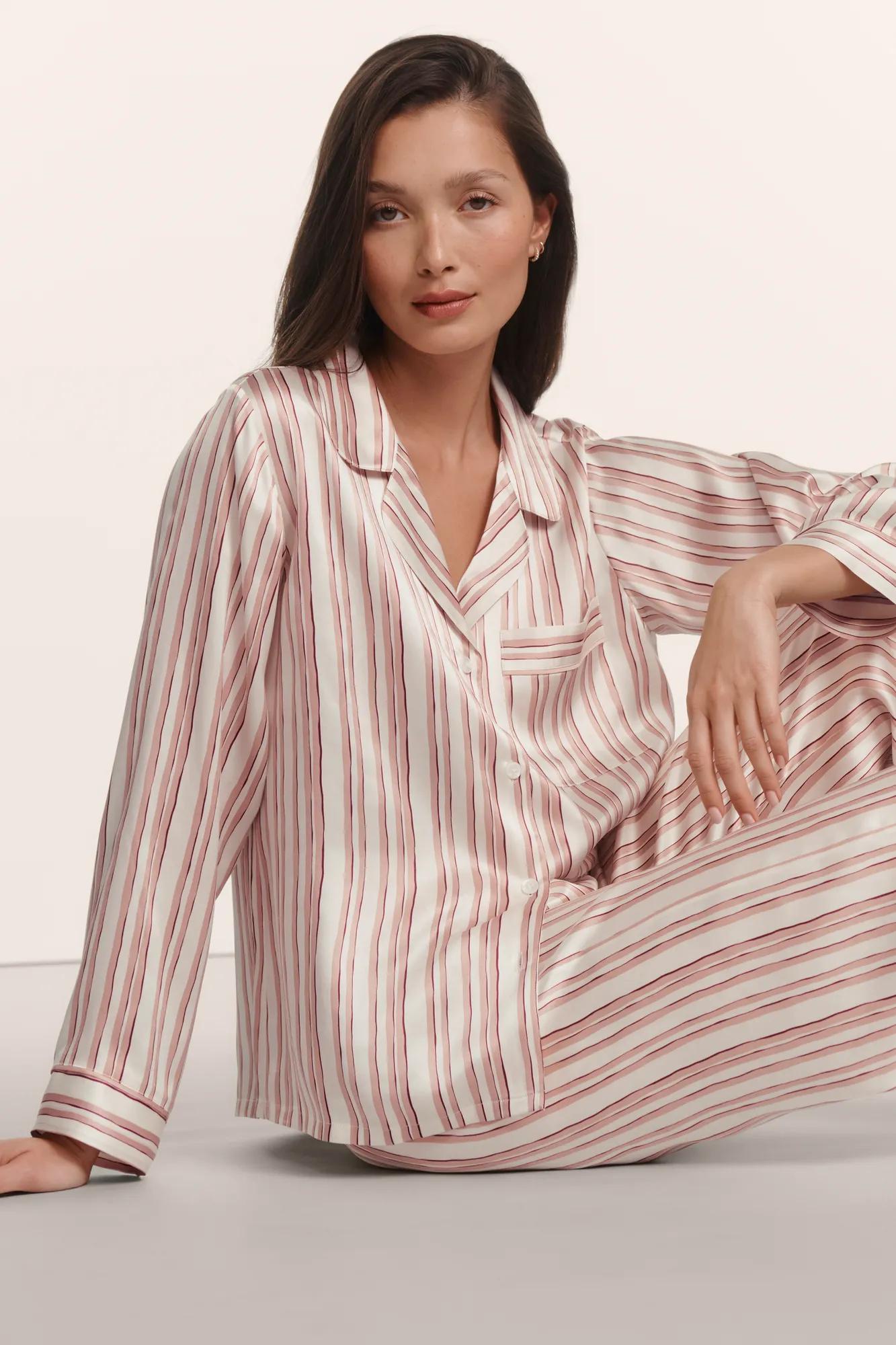 Model is wearing Inez Washable Silk Printed Long PJ Set in Brushstroke Misty Rose/Misty Rose