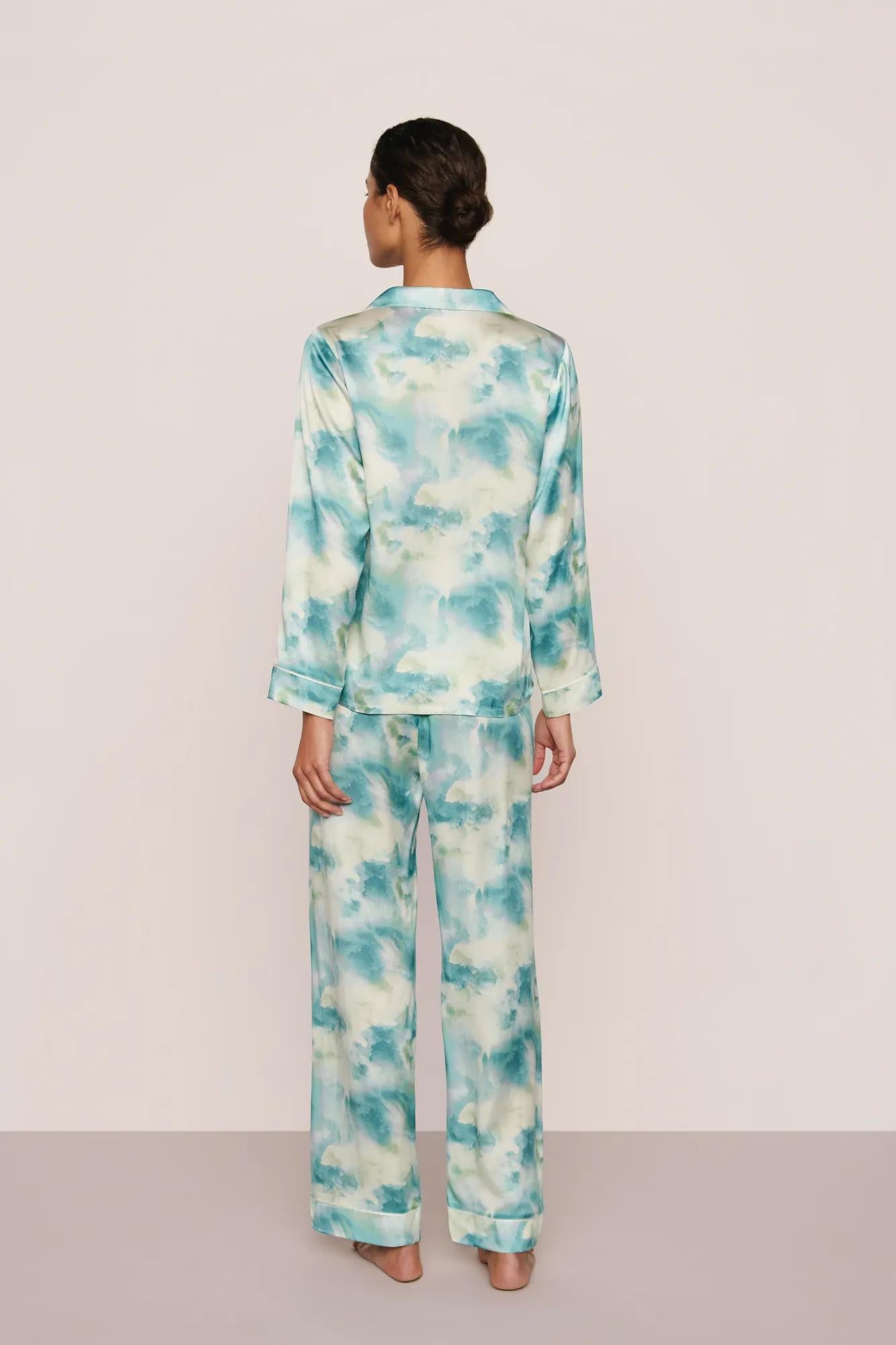 Model is wearing Inez Washable Silk Printed Long PJ Set  in Seafoam Sky Blue Lagoon/Ivory
