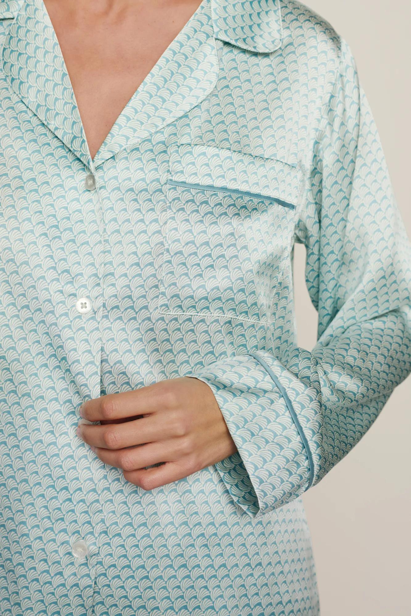 Model is wearing Inez Washable Silk Printed Long PJ Set  in Seashell Blue Lagoon/Blue Lago