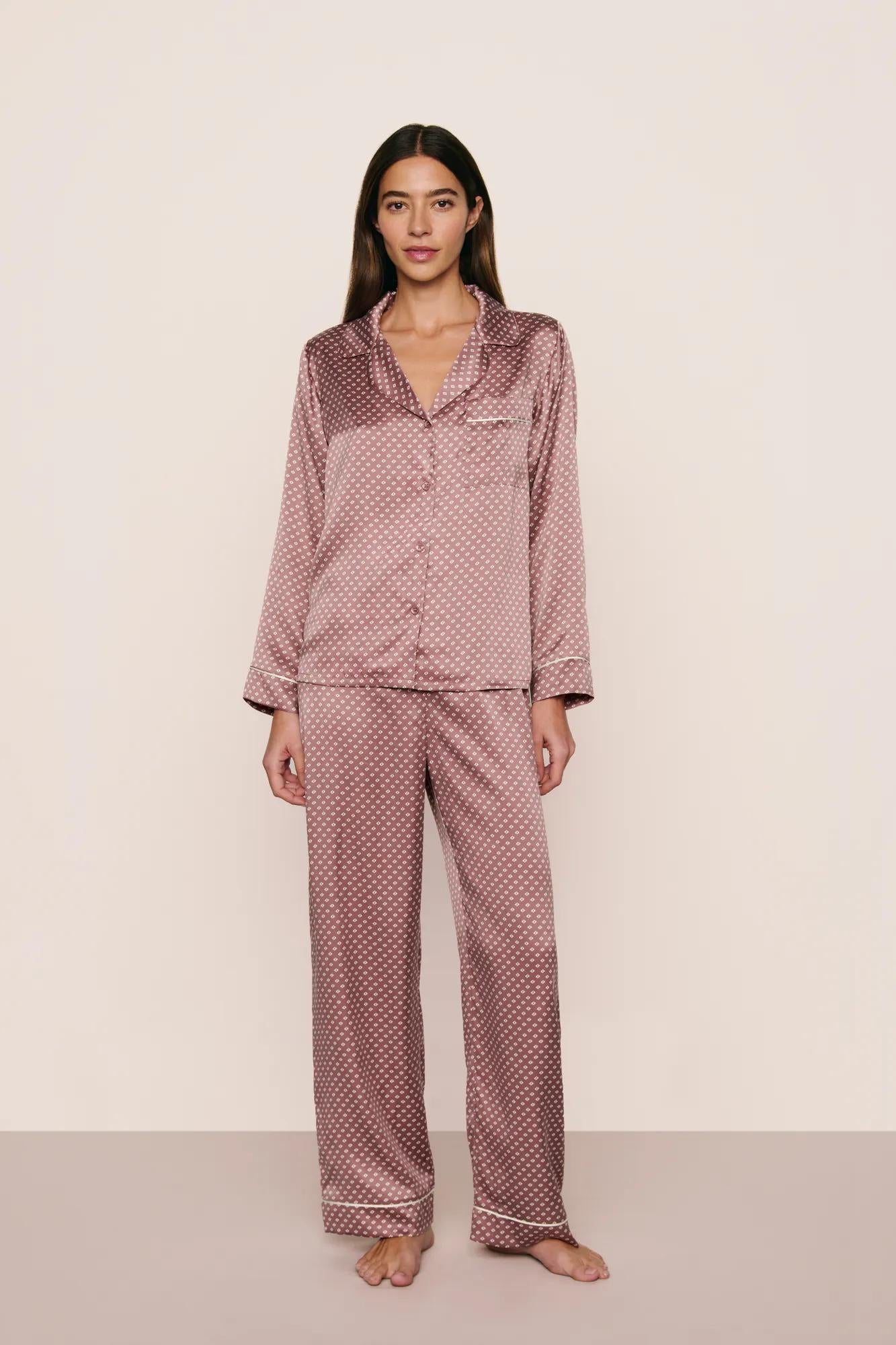 Model is wearing Inez Washable Silk Printed Long PJ Set in Tide Dot Fig/Ivory