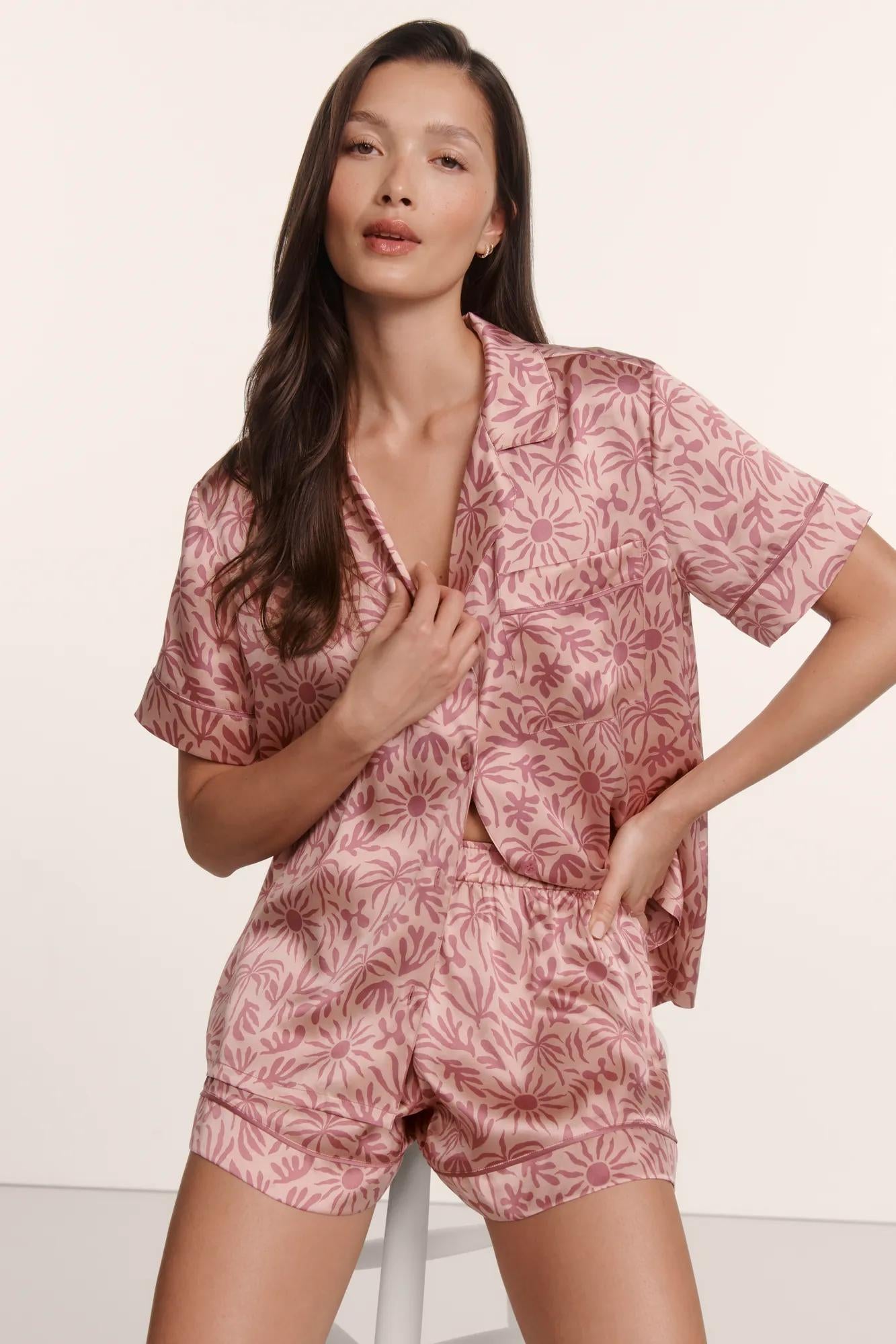 Model is wearing Inez Washable Silk Printed Short PJ Set in Brushstroke Misty Rose/Misty Rose
