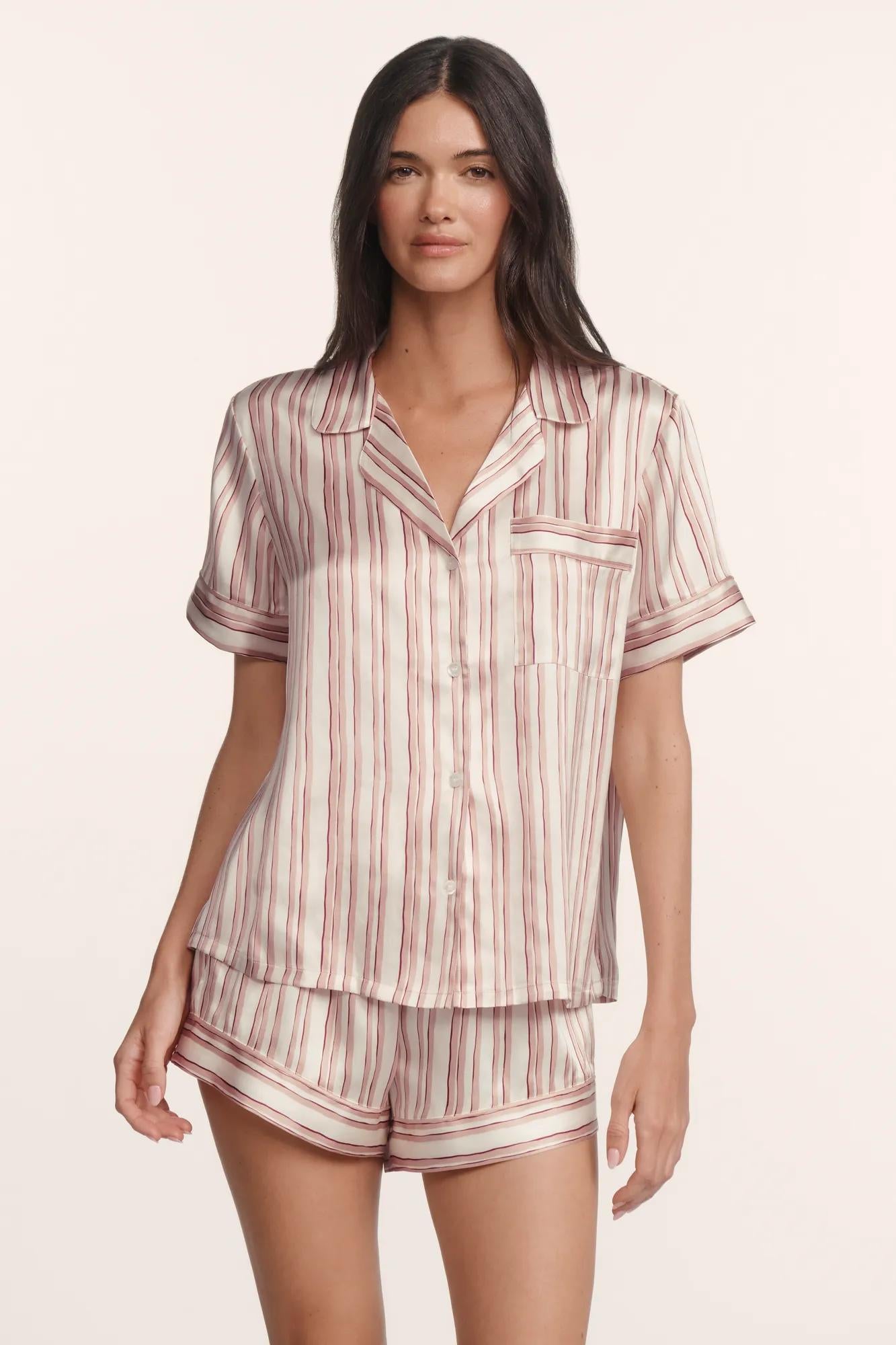 Model is wearing Inez Washable Silk Printed Short PJ Set in Brushstroke Misty Rose/Misty Rose