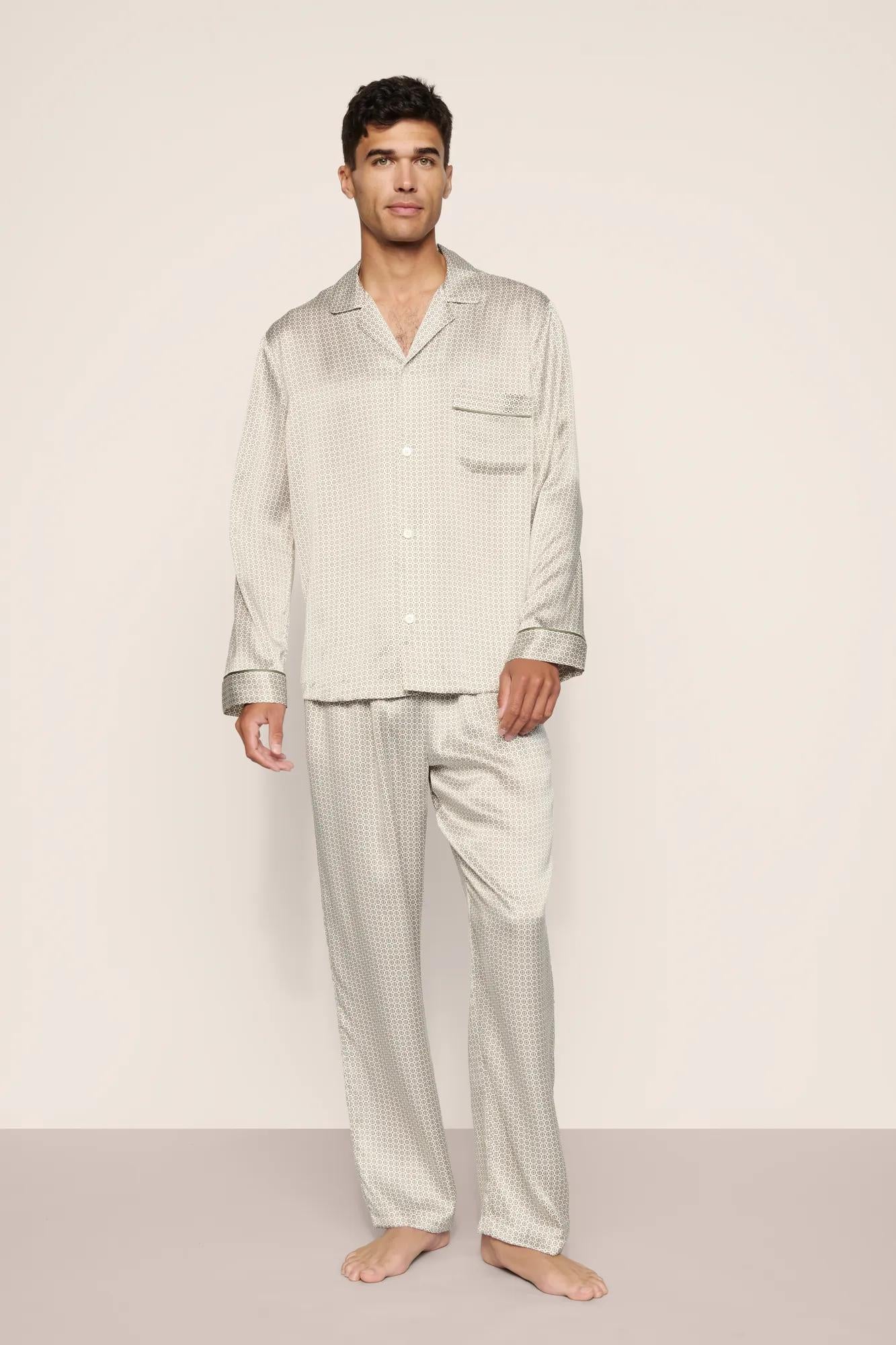 Model is wearing Charles Washable Silk Printed Long PJ Set  in  Geo Mod Desert Sage/Desert Sag