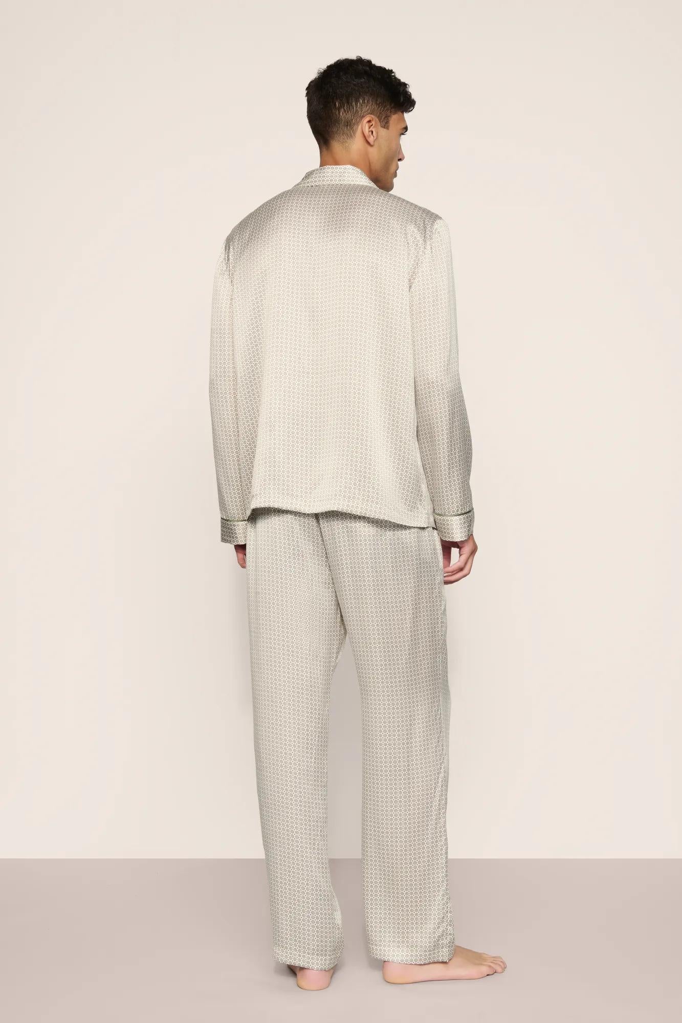Model is wearing Charles Washable Silk Printed Long PJ Set  in  Geo Mod Desert Sage/Desert Sag