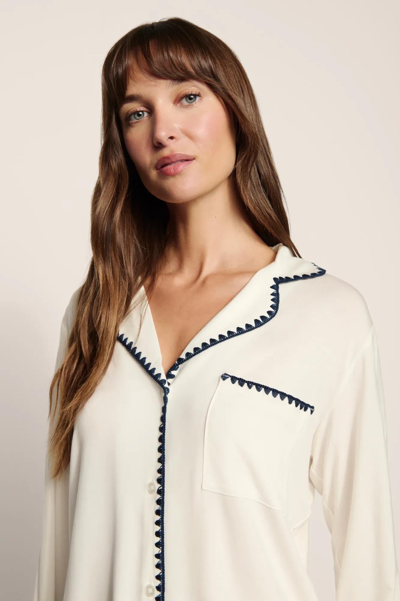 Model is wearing Frida TENCEL™ Modal Long PJ Set  in  Ivory/Navy