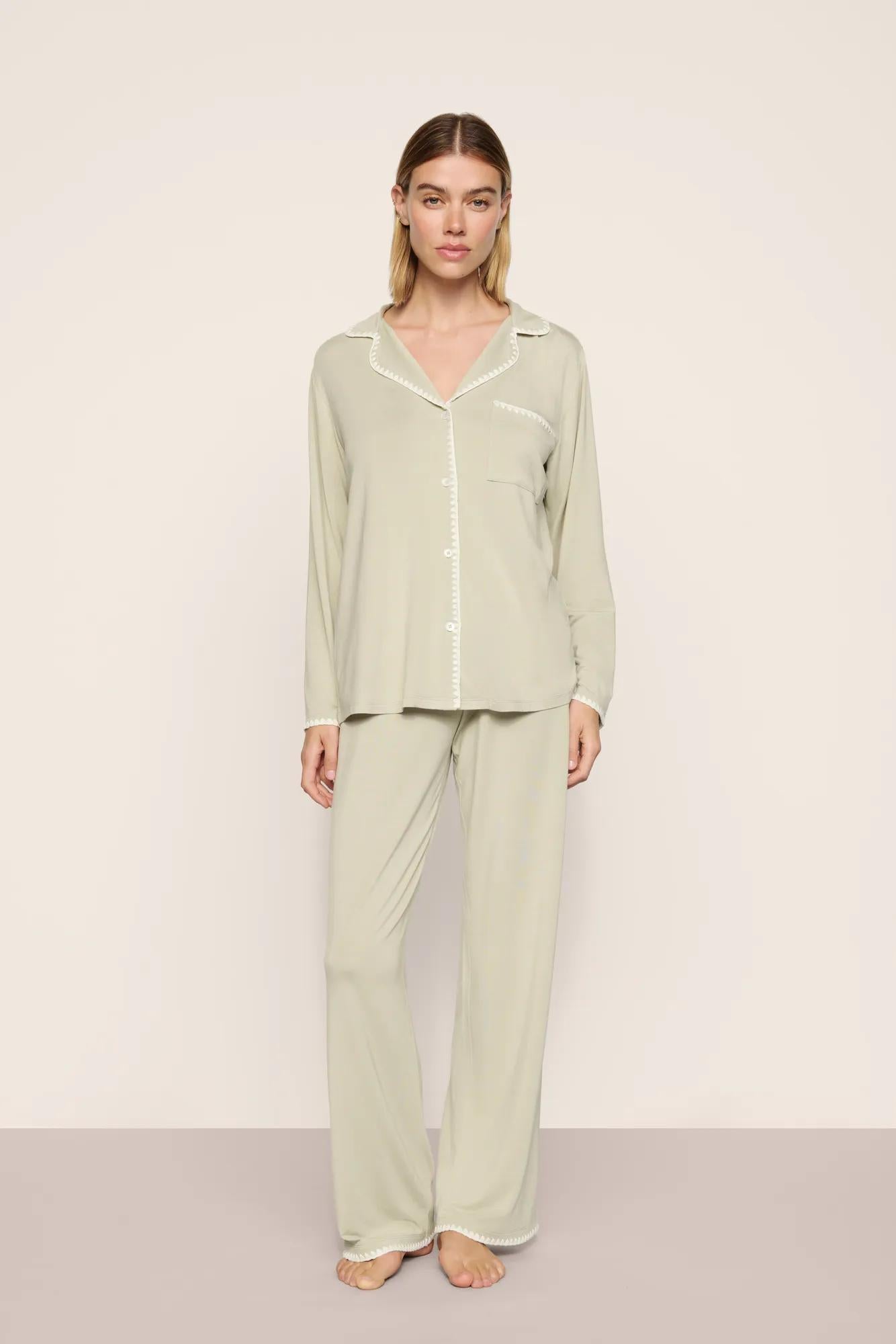 Model is wearing Frida TENCEL™ Modal Long PJ Set  in  Sandstone/Ivory