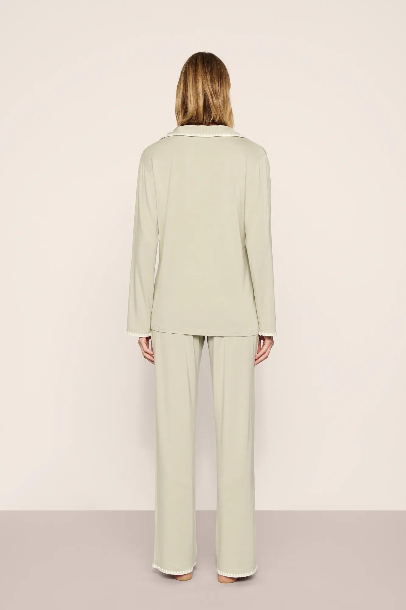 Model is wearing Frida TENCEL™ Modal Long PJ Set  in  Sandstone/Ivory