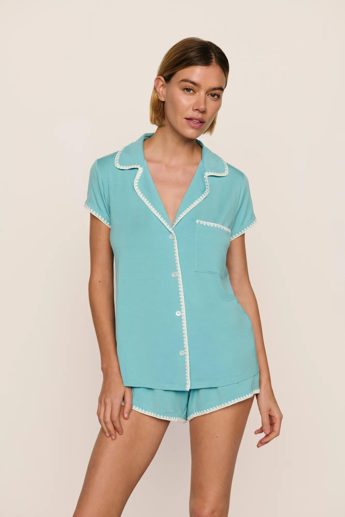 Model is wearing Frida TENCEL™ Modal Shortie Short PJ Set  in Blue Lagoon/Ivory
