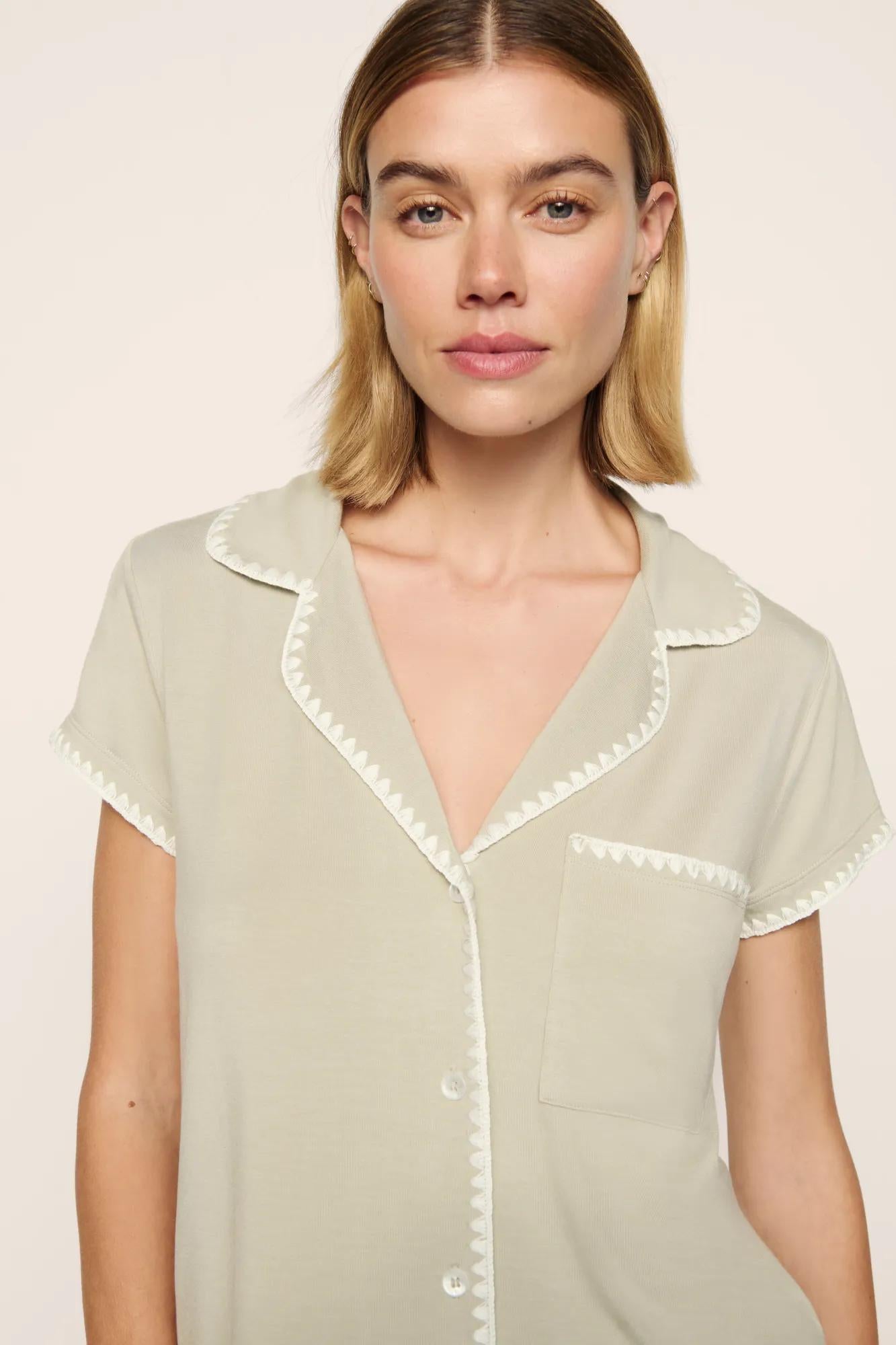 Model is wearing Frida TENCEL™ Modal Shortie Short PJ Set  in  Sandstone/Ivory