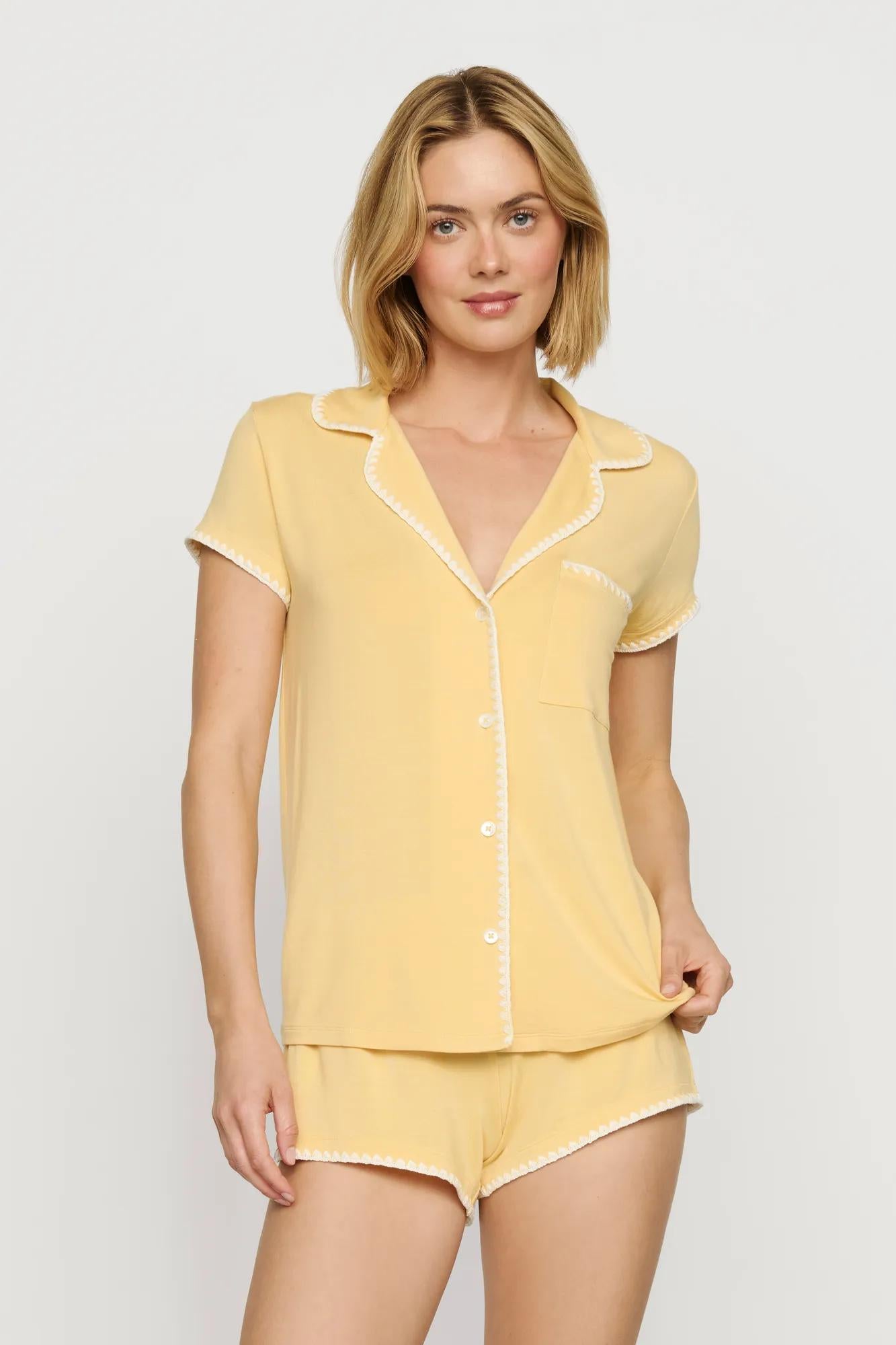 Model is wearing Frida TENCEL™ Modal Shortie Short PJ Set in Sunbeam/Ivory
