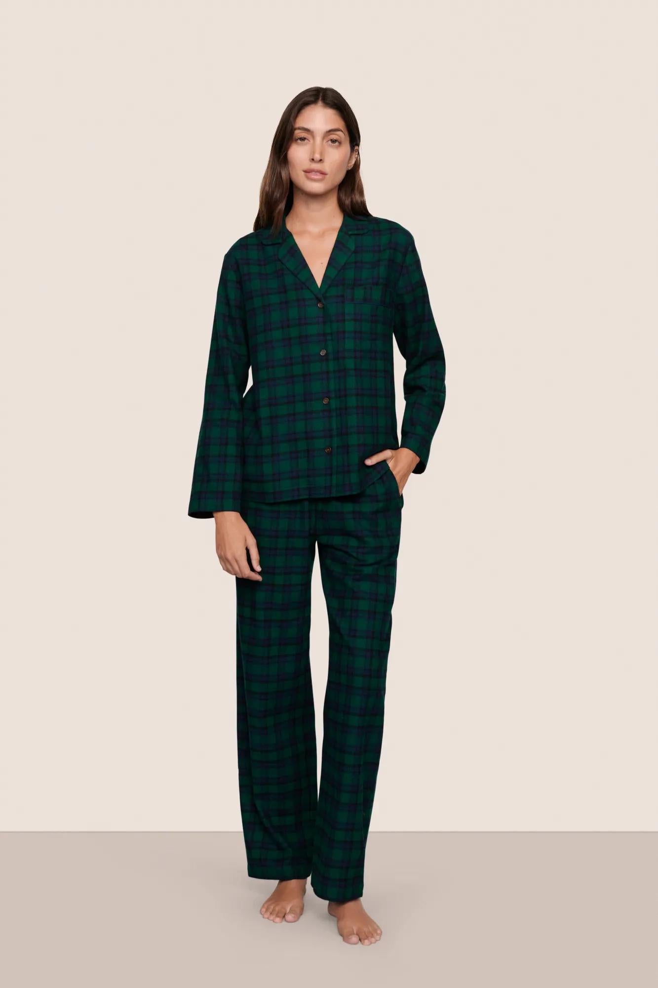 Model is wearing Flannel Long PJ Set  in Blk Watch Tartan Rainforest/Na