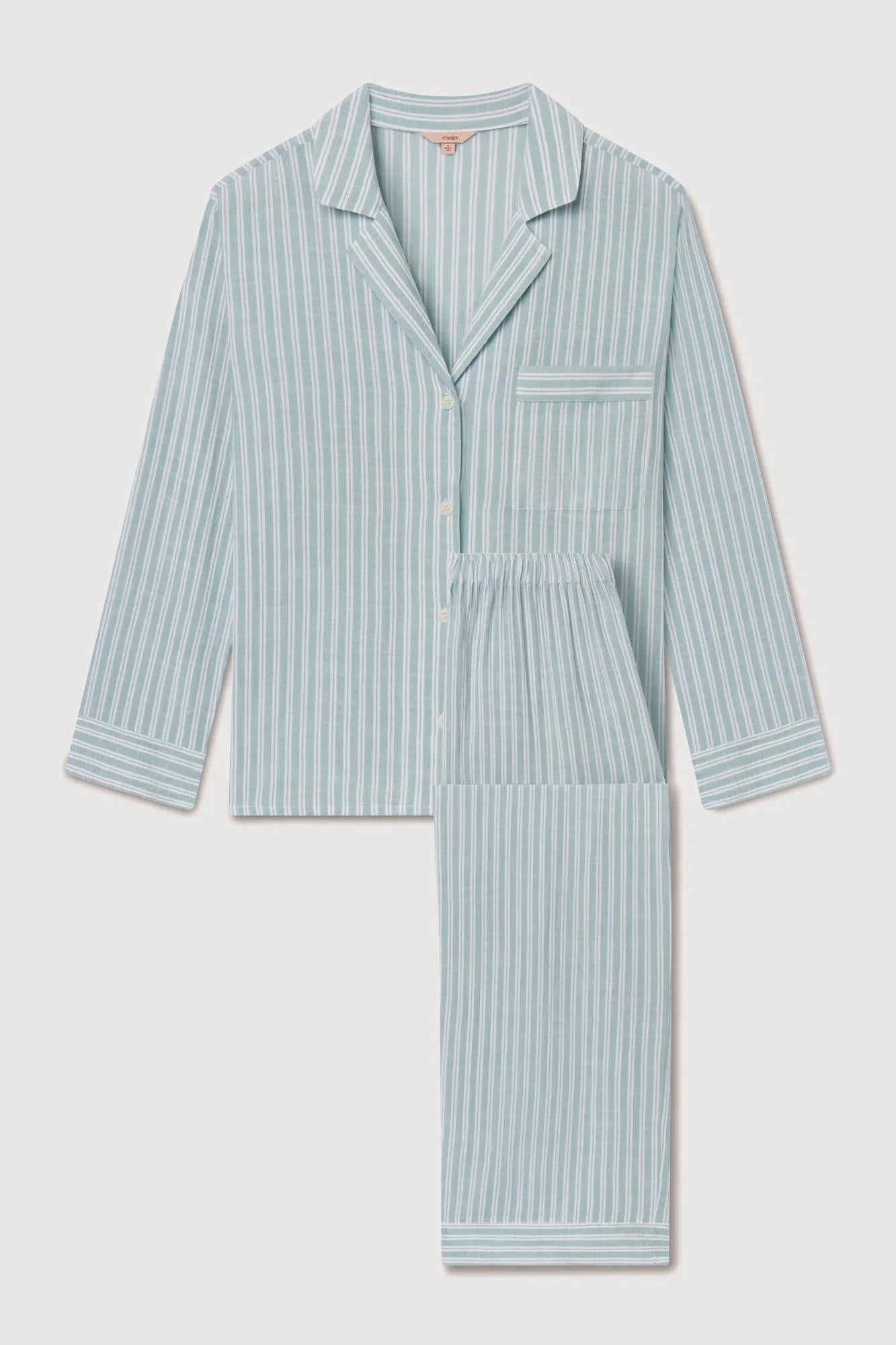 Model is wearing Nautico Long PJ Set in Regatta Stripe Seagrass/White