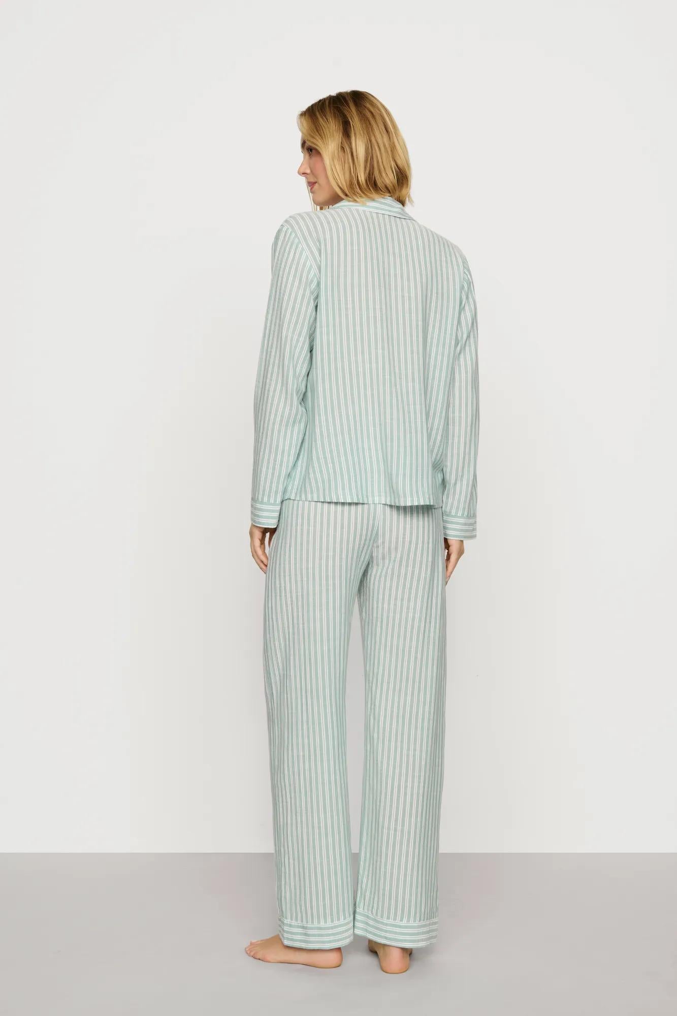 Model is wearing Nautico Long PJ Set in Regatta Stripe Seagrass/White