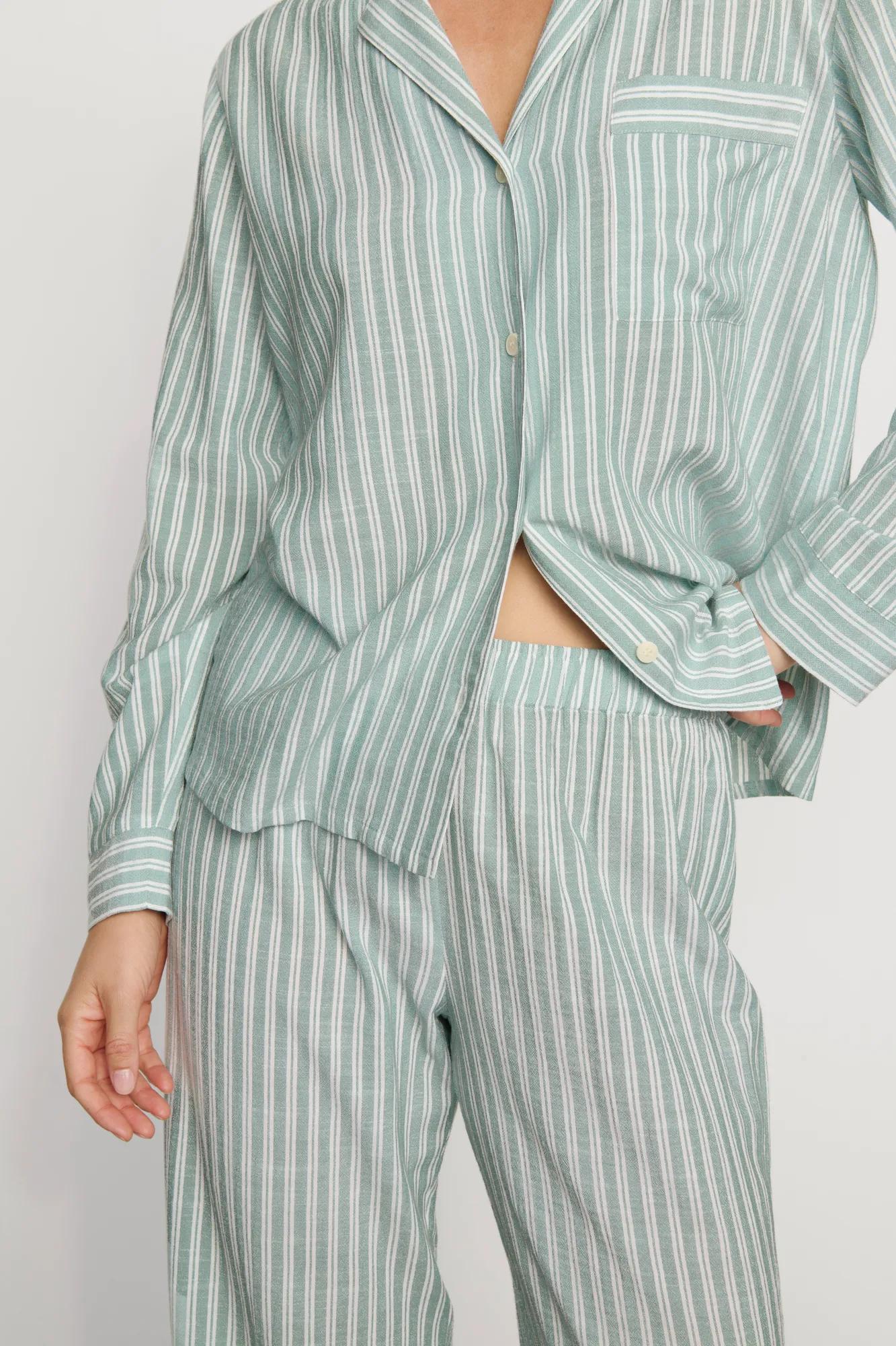 Model is wearing Nautico Long PJ Set in Regatta Stripe Seagrass/White