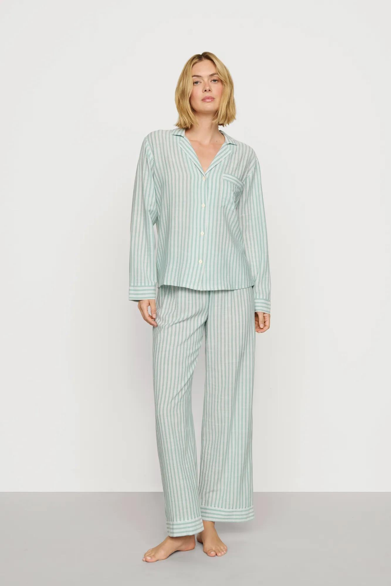 Model is wearing Nautico Long PJ Set in Regatta Stripe Seagrass/White