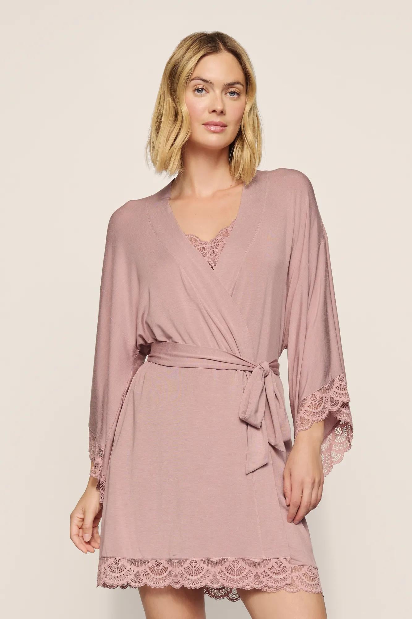 Model is wearing Mariana TENCEL™ Modal Robe in Woodrose