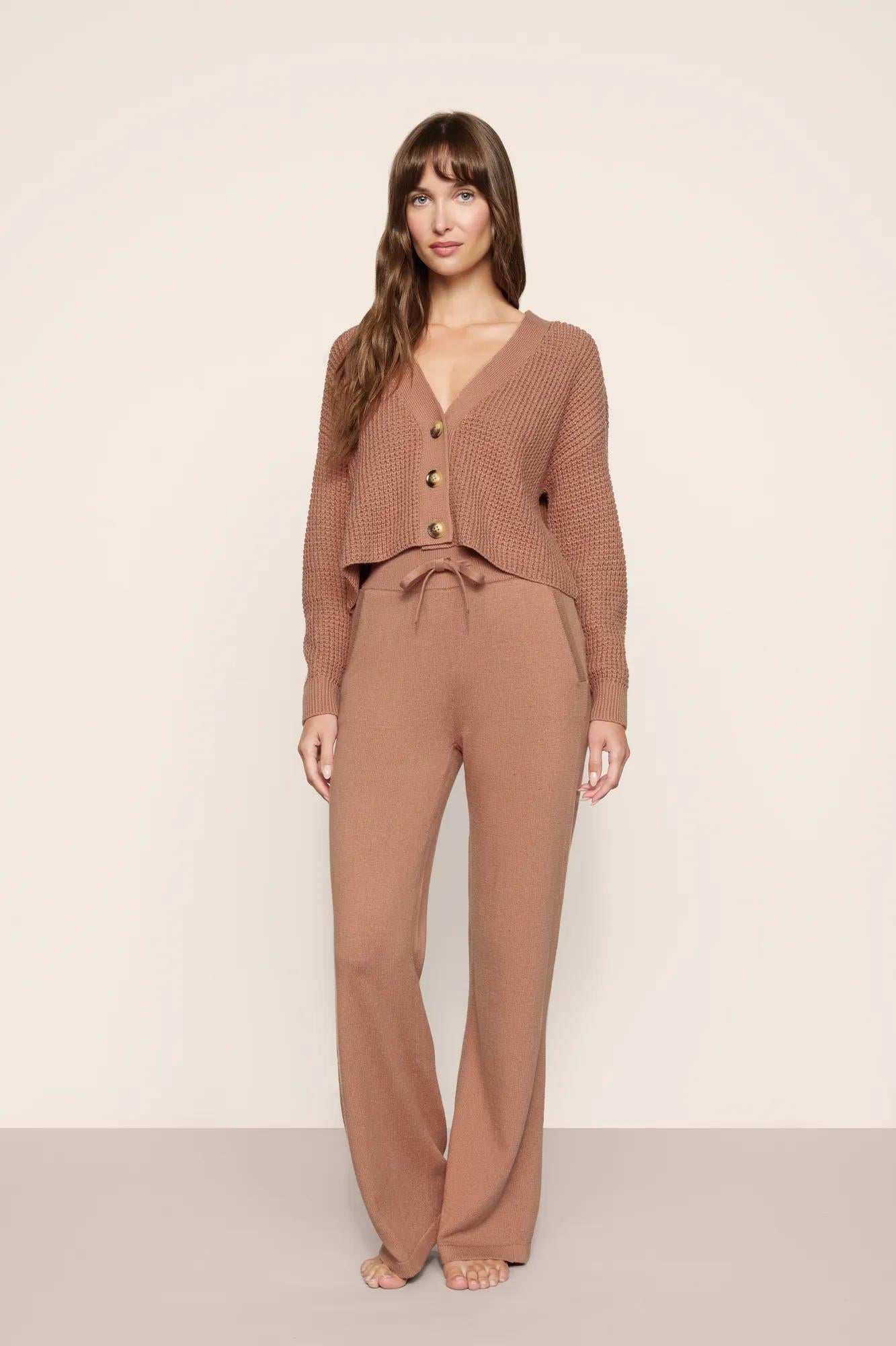 Model is wearing Recycled Sweater Cropped Cardigan  in  Hazelnut