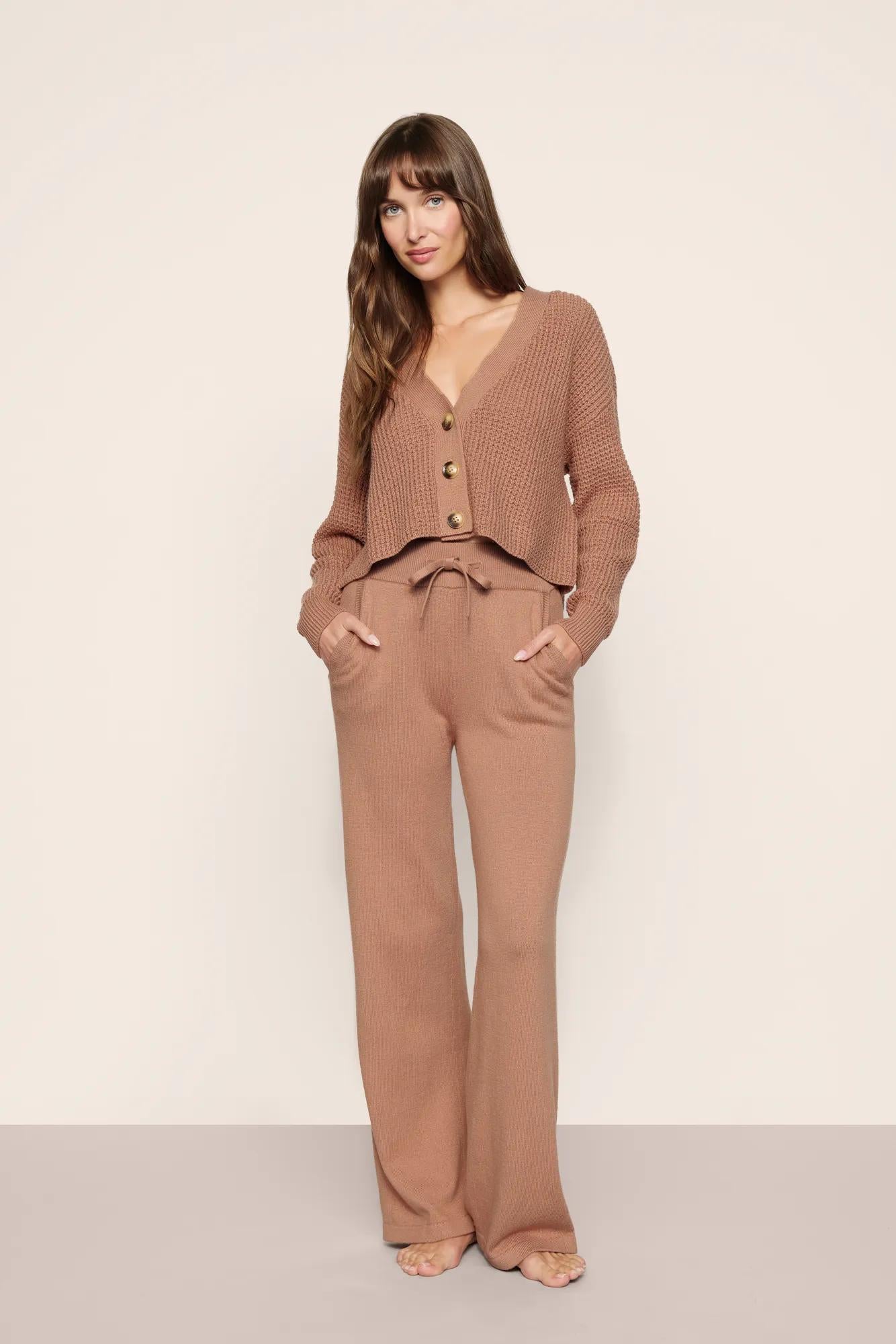 Model is wearing Recycled Sweater Pant  in  Hazelnut